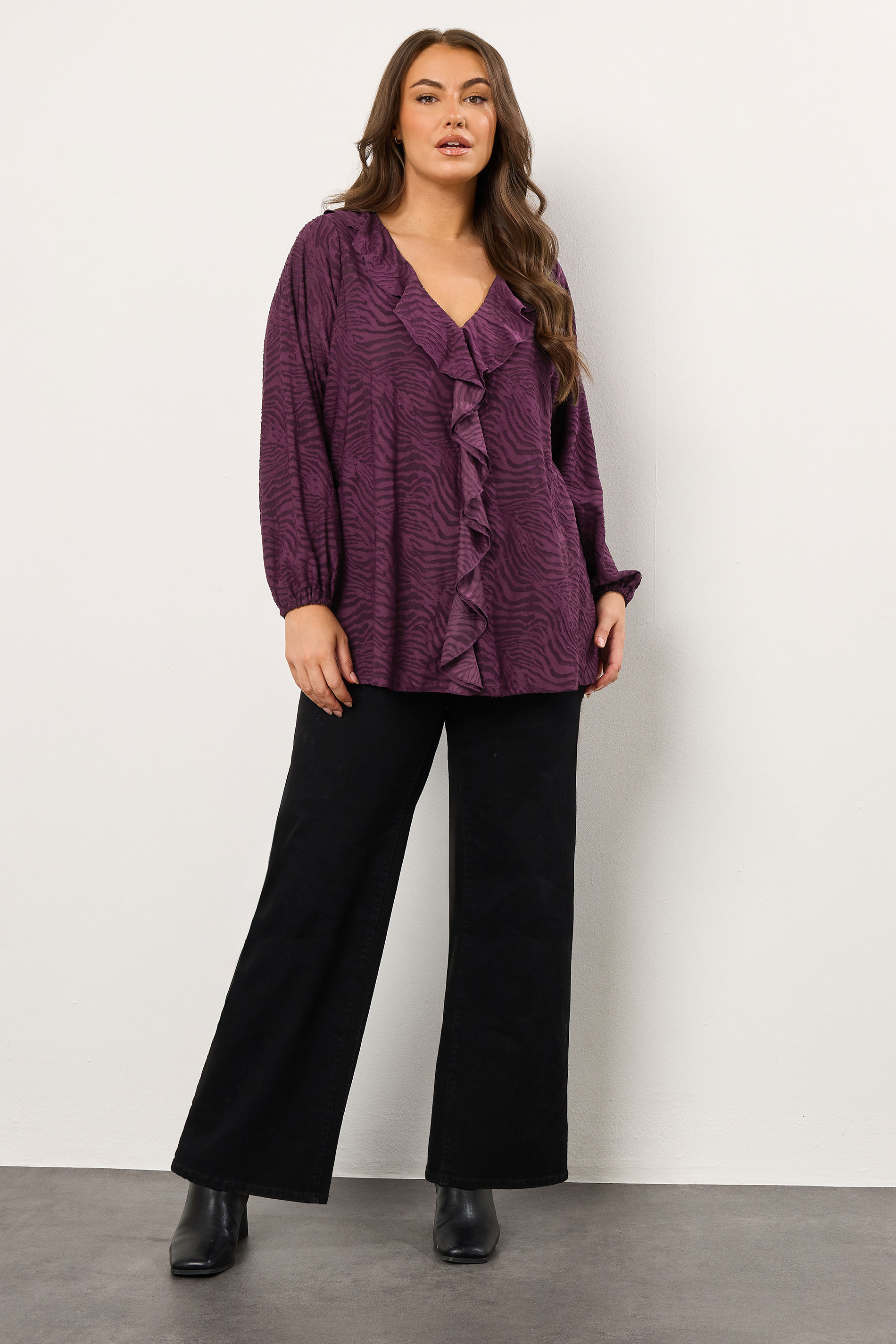 EVANS Plus Size Purple Zebra Burnout Frill Detail Blouse | Evans 1