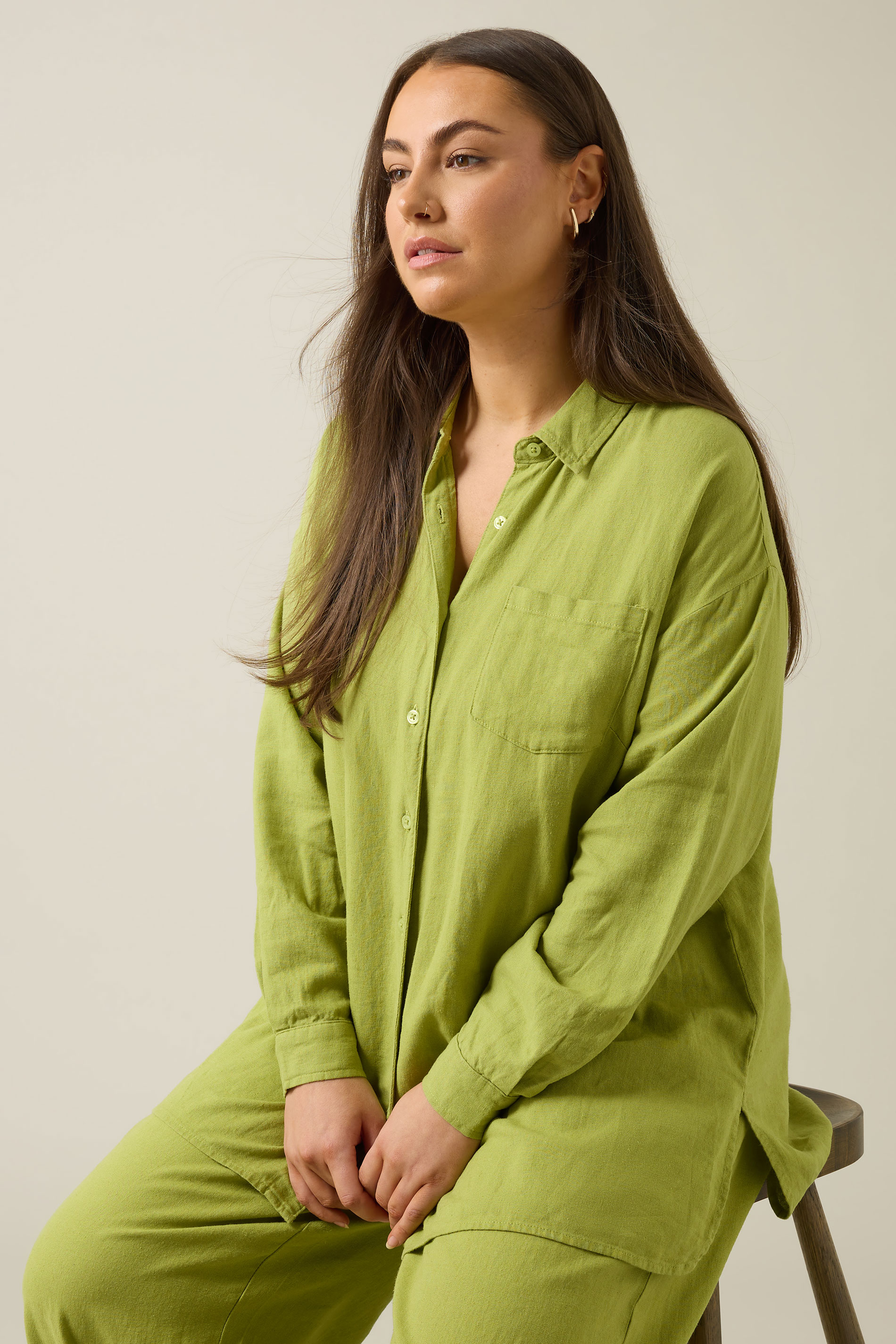 EVANS Plus Size Chartreuse Green Long Sleeve Premium Linen Shirt | Evans 4