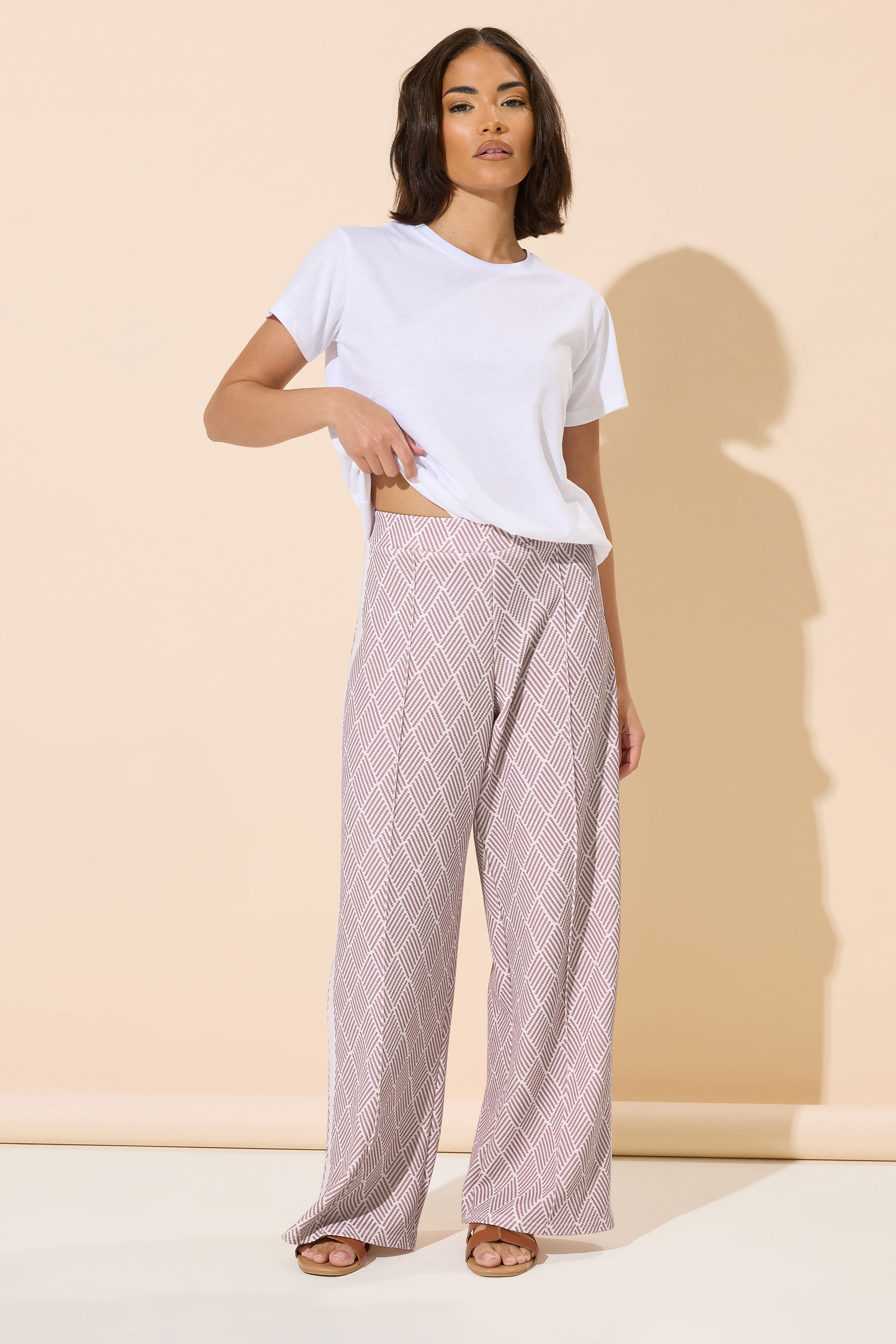 PixieGirl Petite Women's Pink Jacquard Side Stripe Wide Leg Trousers | PixieGirl 2