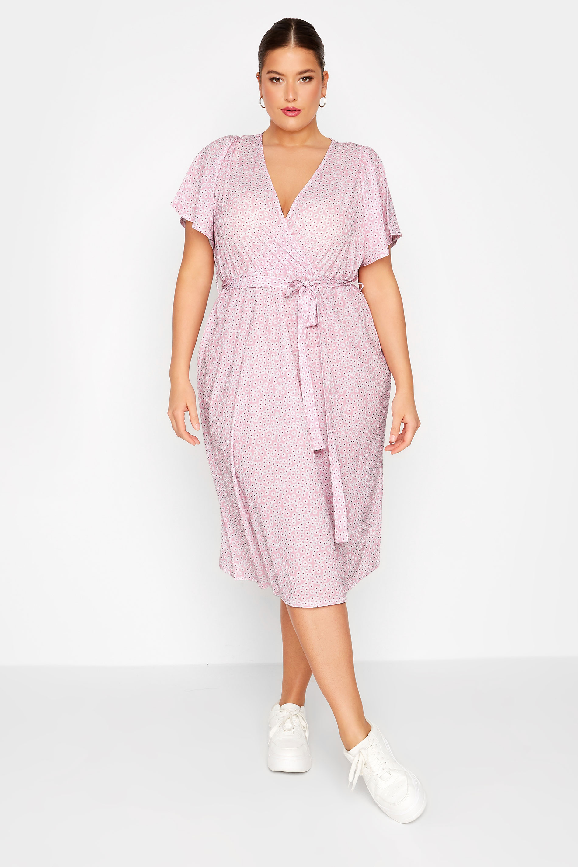 YOURS Plus Size Pink Ditsy Floral Print Wrap Dress | Yours Clothing 2