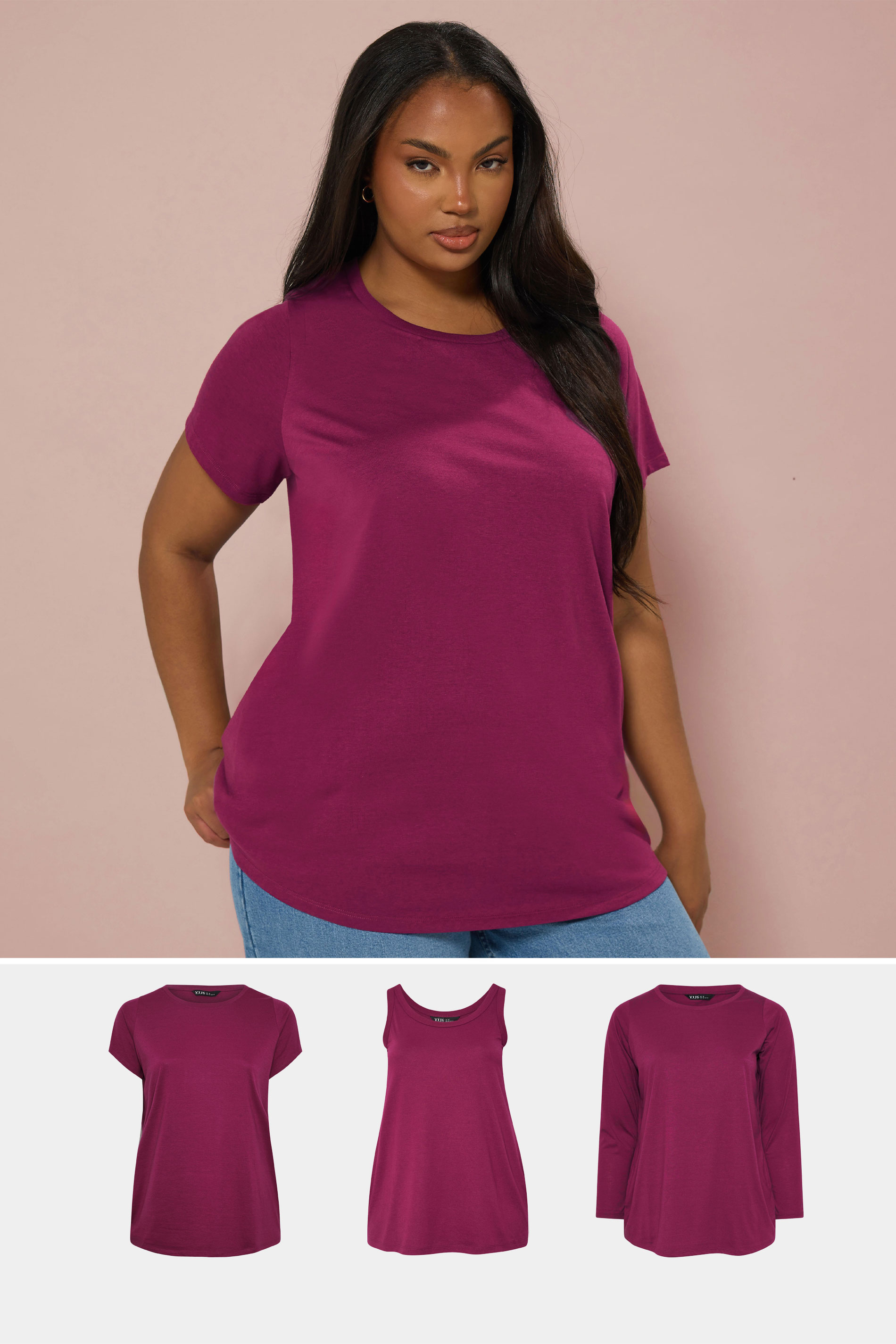 YOURS Plus Size 3 PACK Dark Pink Core T-Shirt Essentials Set | Yours Clothing 1