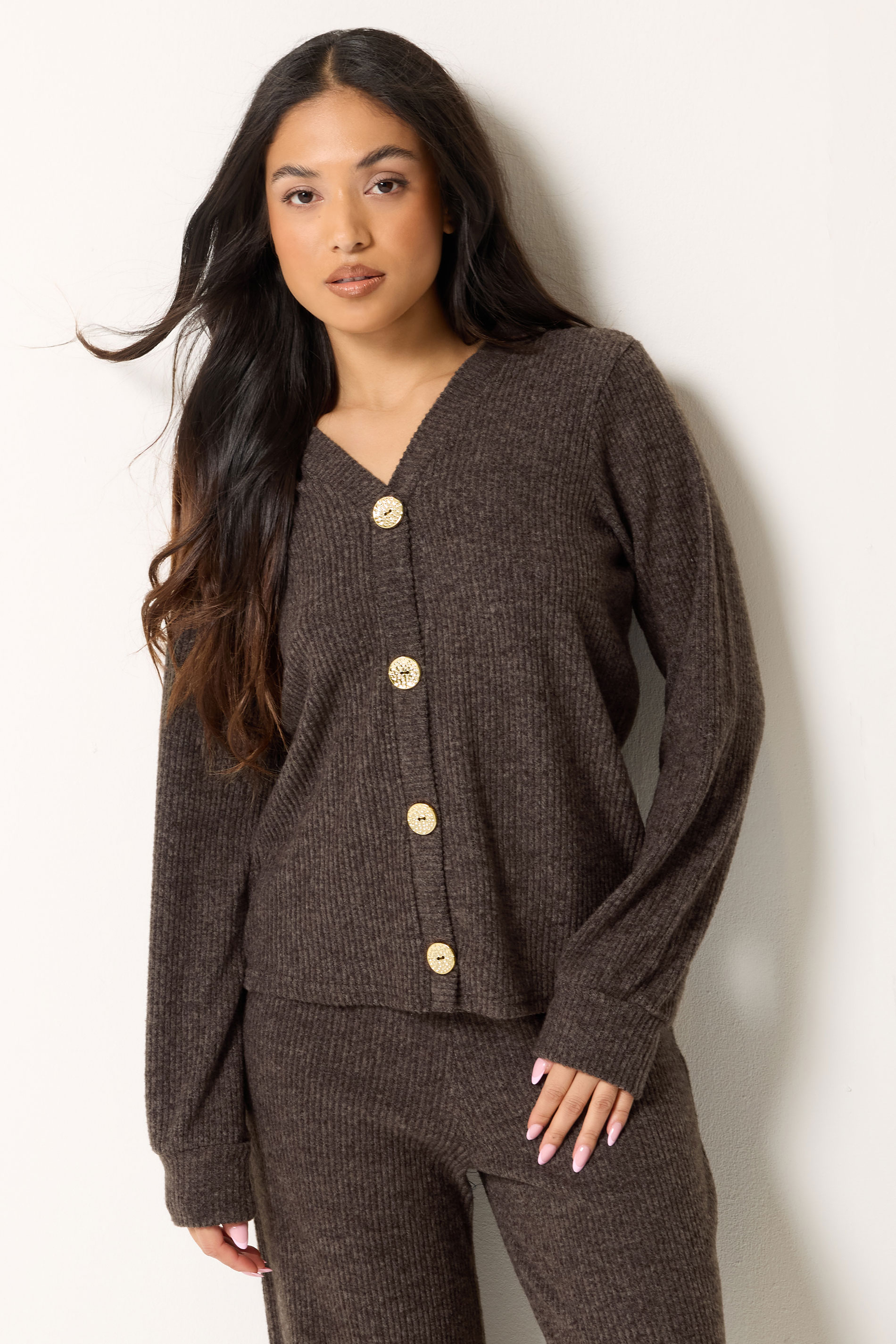 PixieGirl Petite Women's Chocolate Brown Ribbed Soft Touch Cardigan | PixieGirl 3