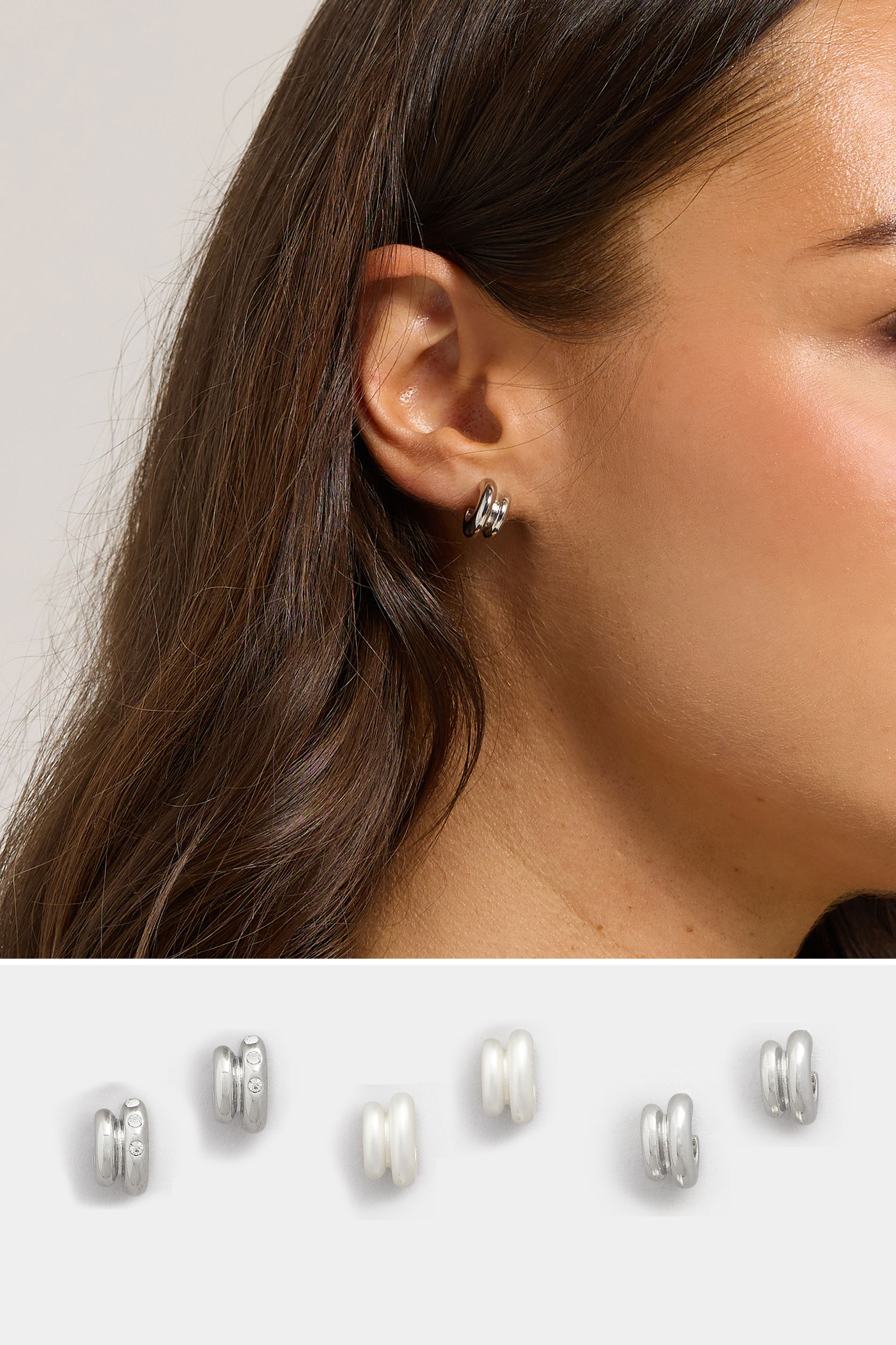YOURSET 3 PACK Silver Tone Diamante Mini Hoop Earrings Set | Yours Clothing 1