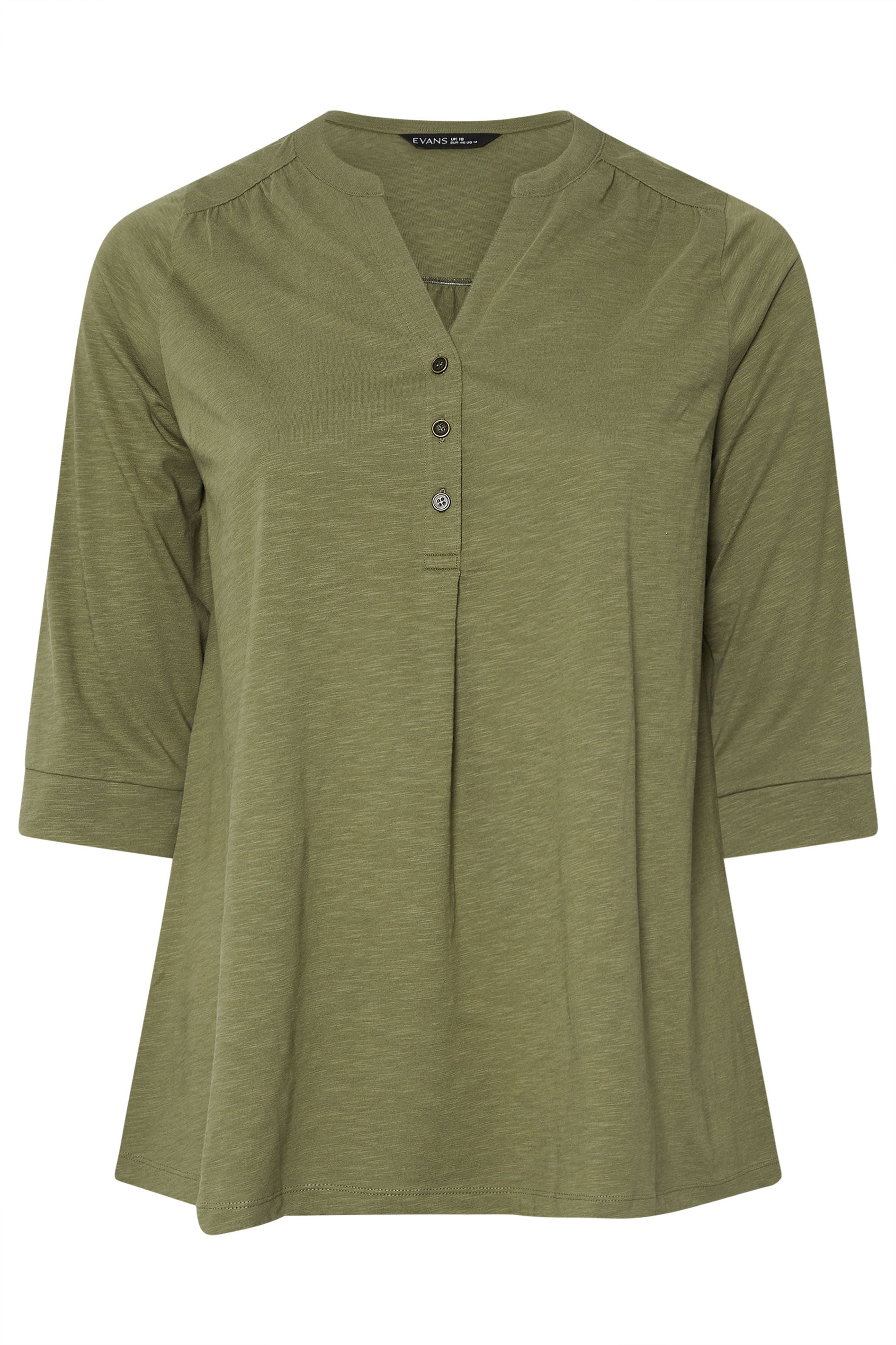 EVANS Plus Size Khaki Green Pleat Front Henley Top | Evans 5