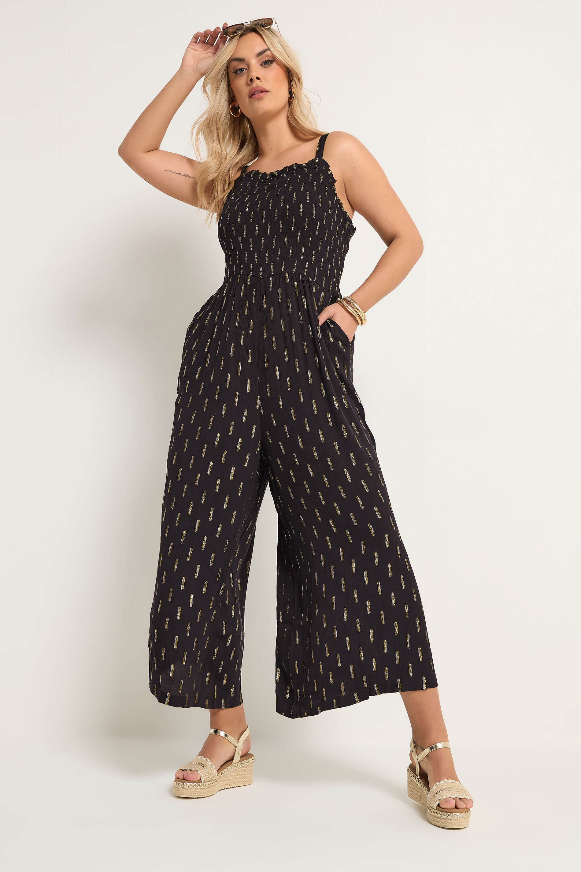 YOURS Plus Size Black Crinkle Metallic Wide Leg Jumpsuit | Yours Clothing 1