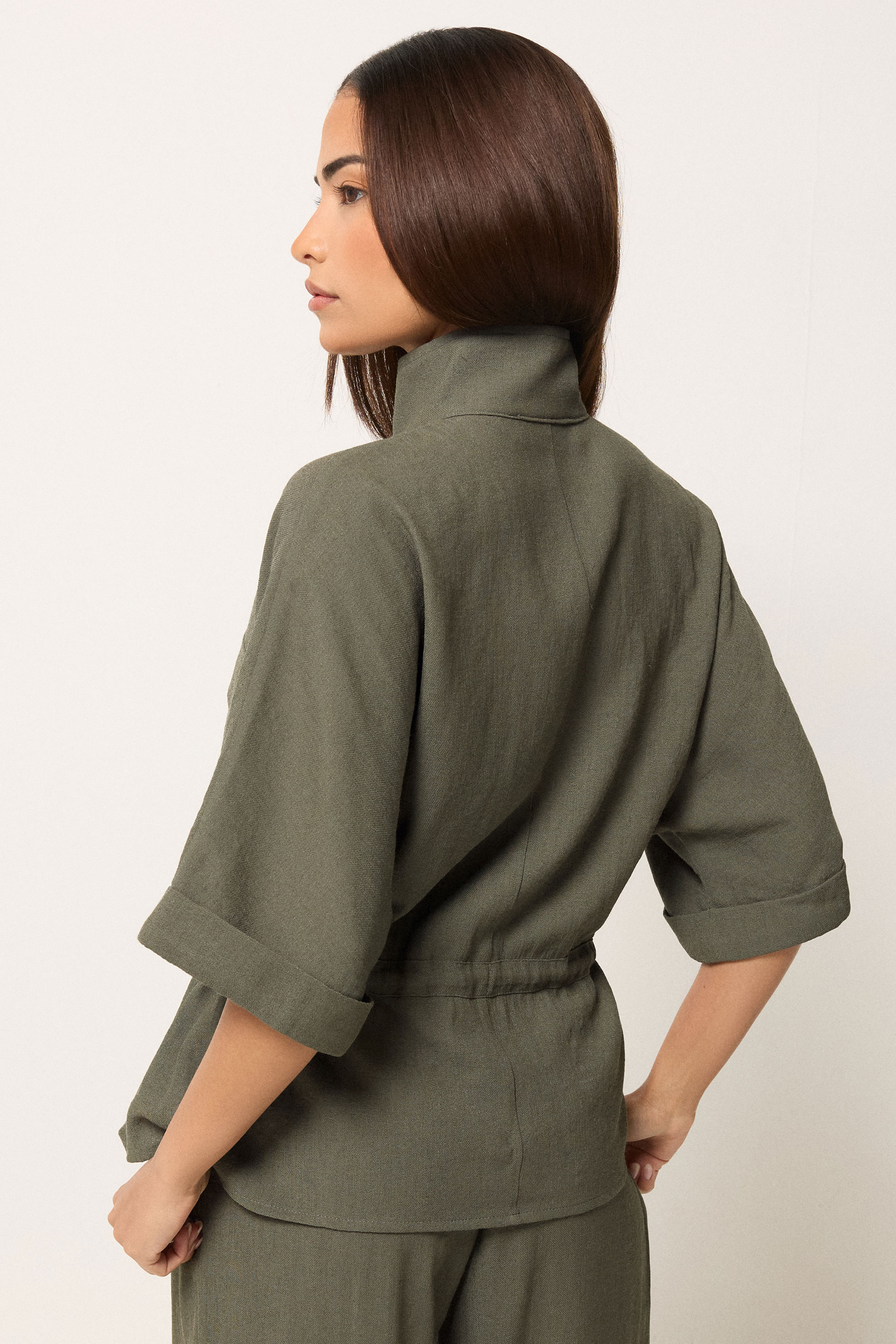 PixieGirl Petite Women's Khaki Green Funnel Neck Shacket | PixieGirl 2