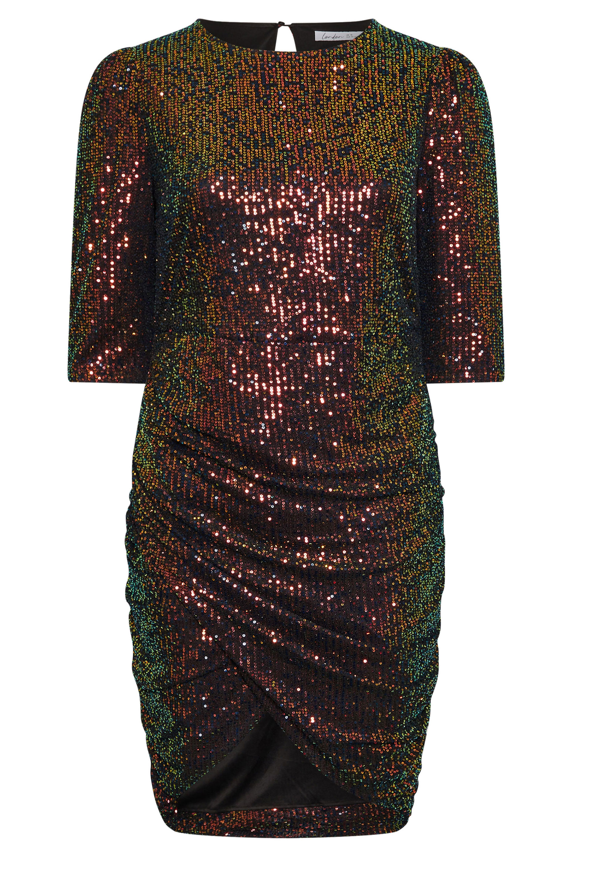 YOURS LONDON Plus Size Black Rainbow Gathered Sequin Midi Dress | Yours Clothing  6