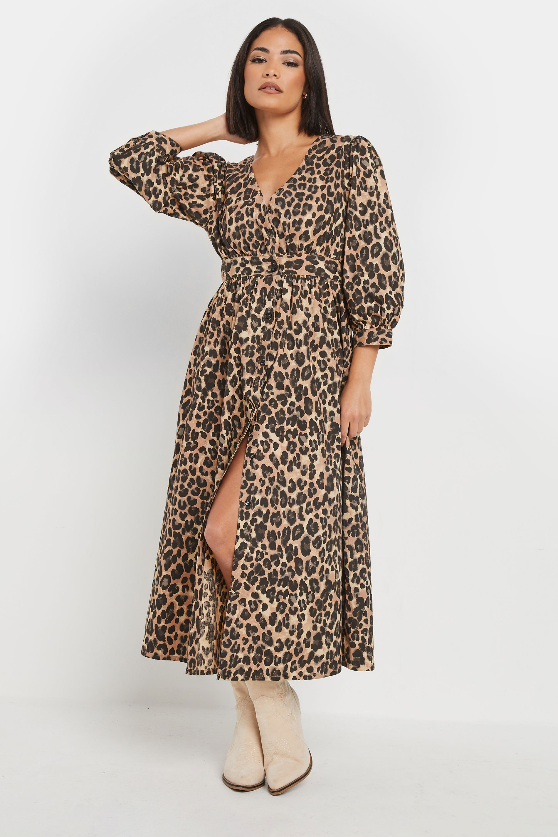 PixieGirl Petite Women's Brown Leopard Print Button Midi Dress | PixieGirl 3
