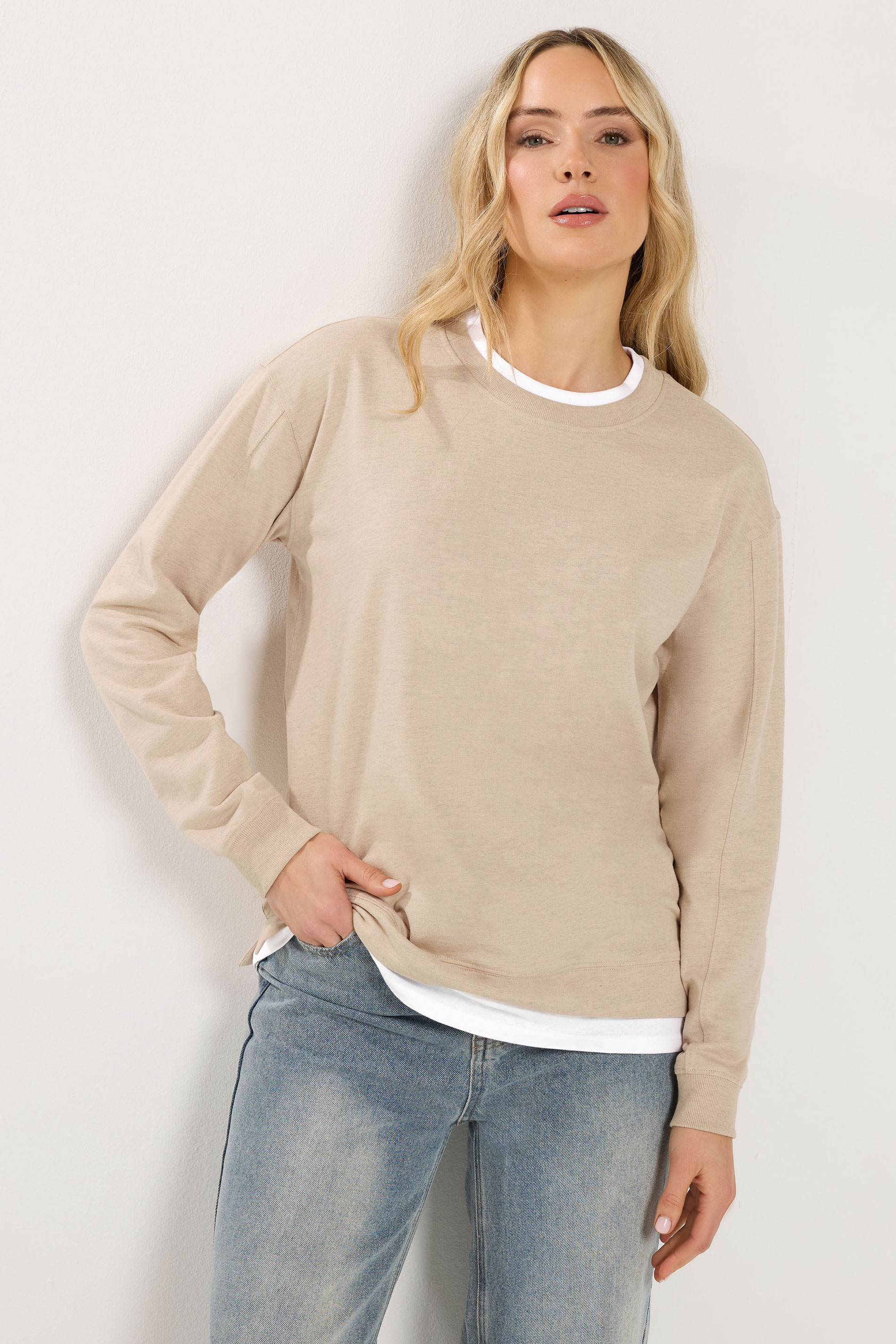 LTS Tall Women's Natural Brown & White Cotton Layered Top | Long Tall Sally 1