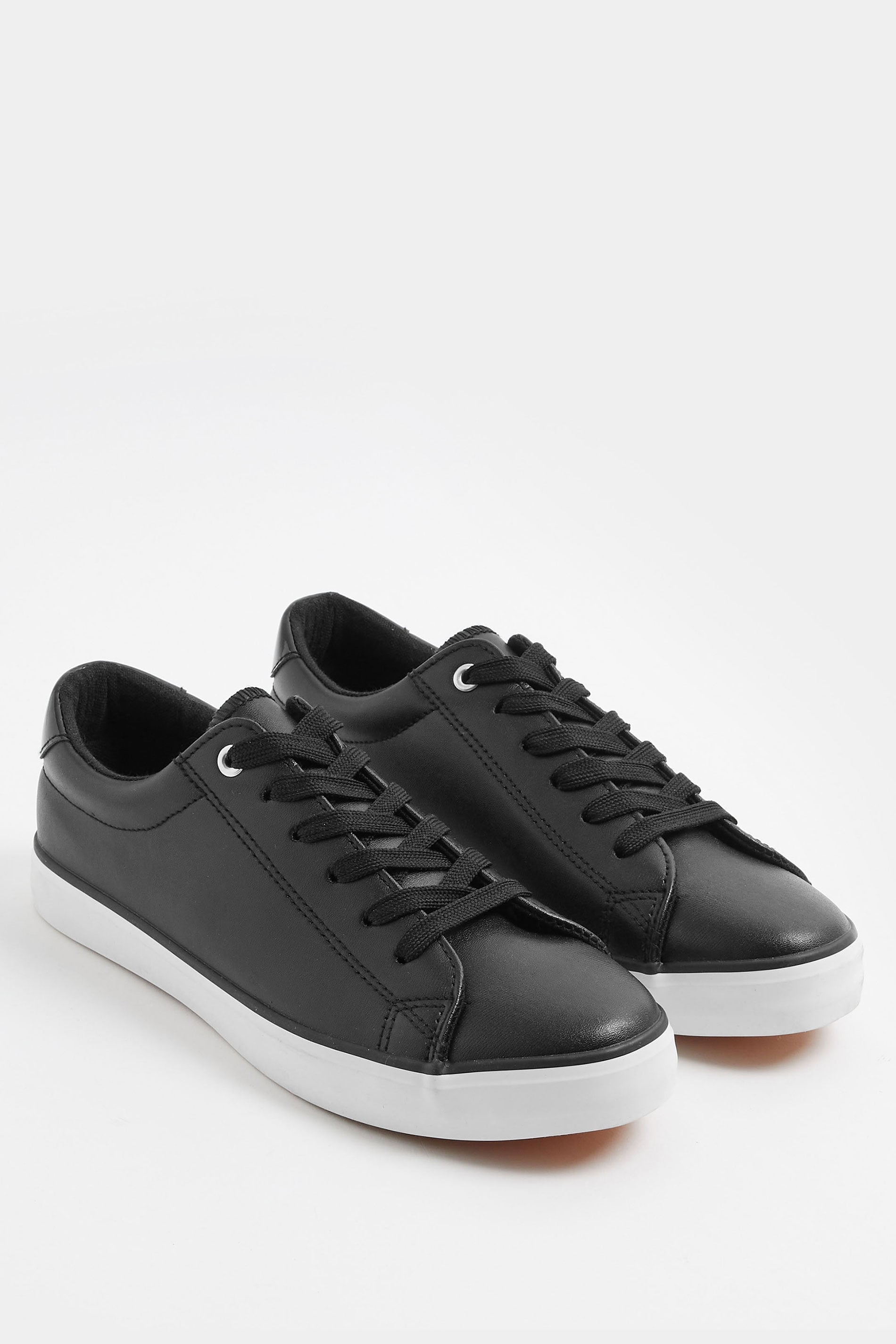 Black Faux Leather Lace Up Trainers In Extra Wide EEE Fit | Yours Clothing 1
