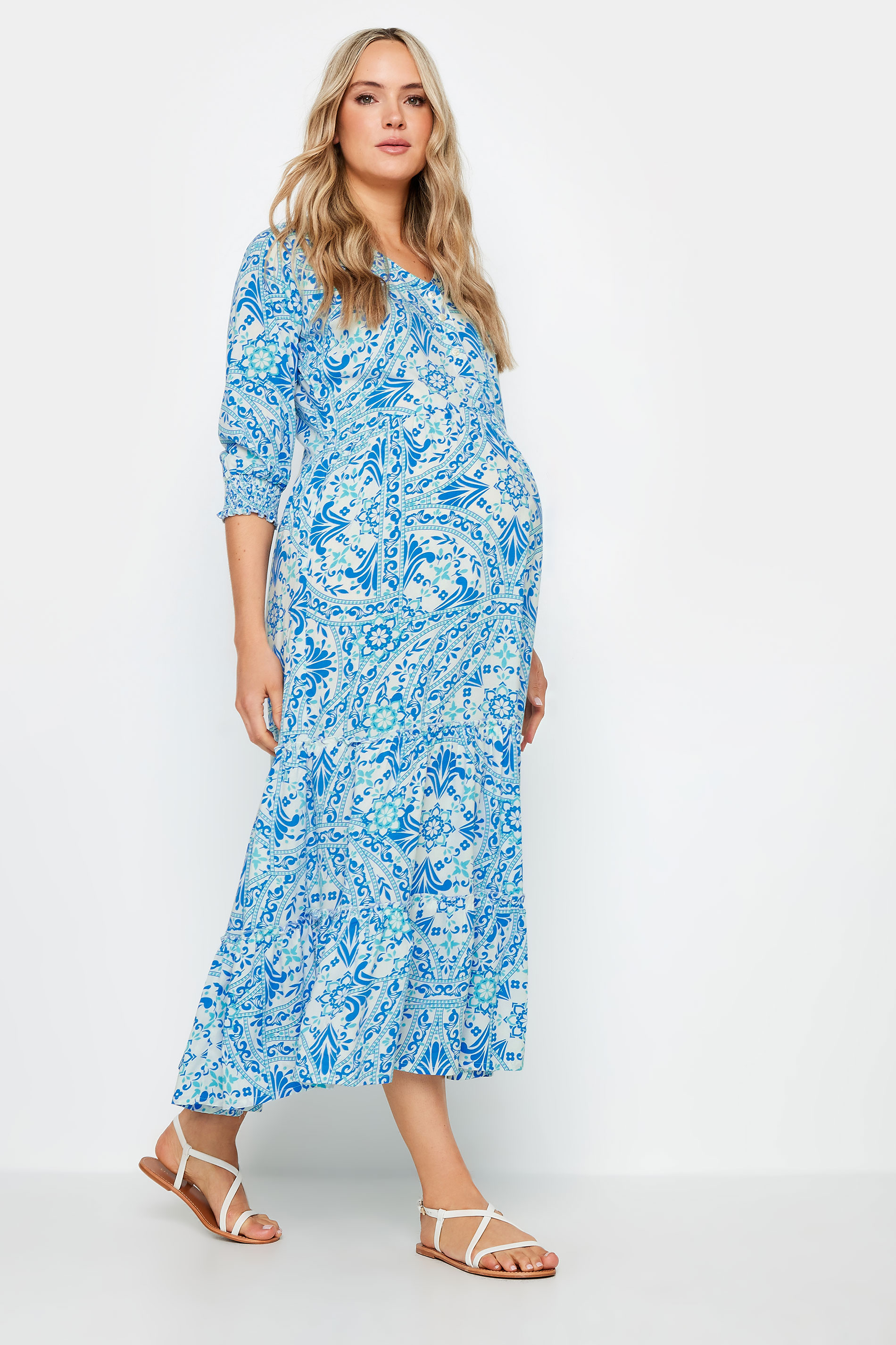 LTS Tall Maternity Blue Tile Print Tiered Midi Dress | Long Tall Sally 1