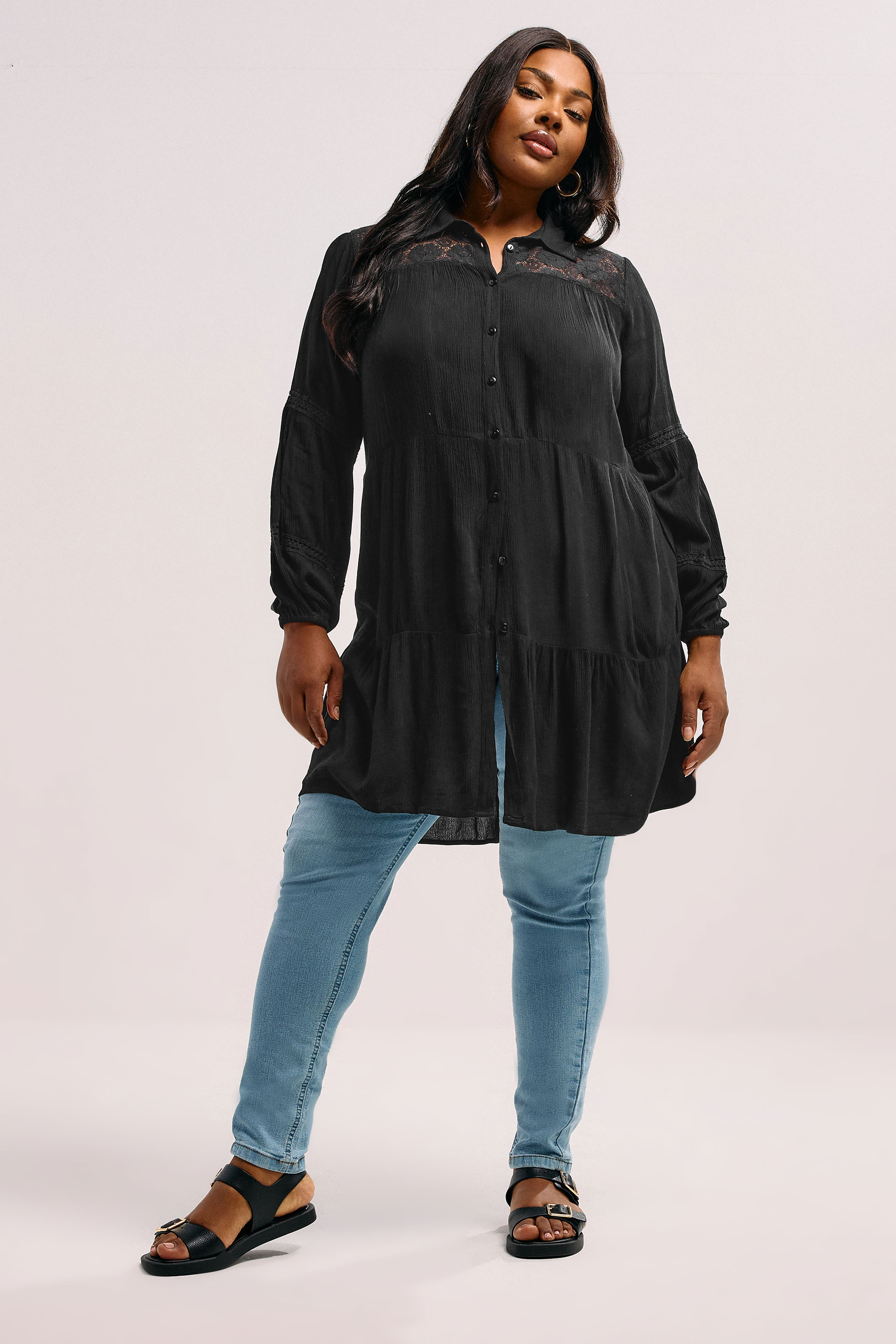 YOURS Plus Size Black Tiered Lace Shirt | Yours Clothing  1
