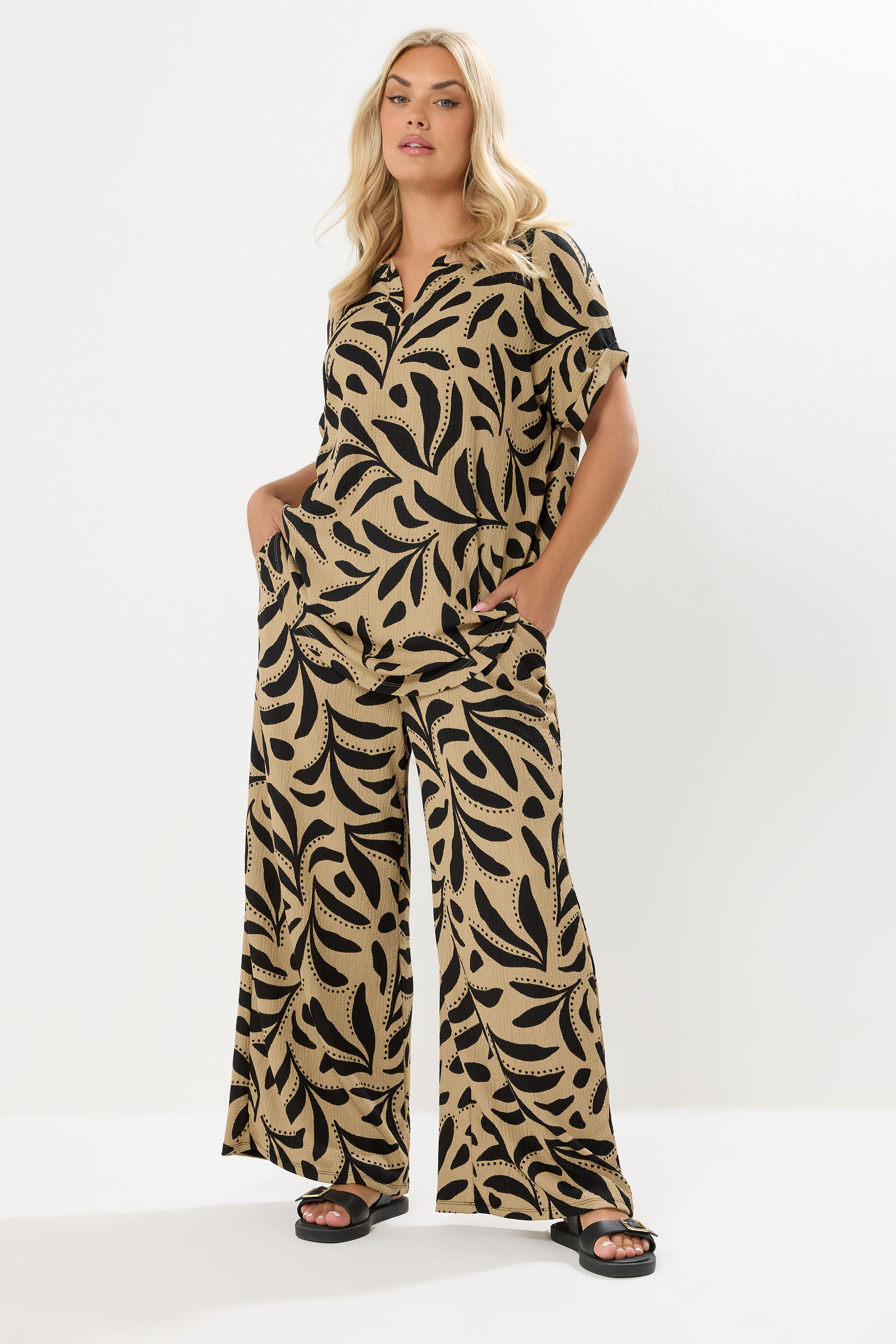 YOURS Plus Size Natural Brown Leaf Crinkle Wide Leg Trousers | Yours Clothing 1