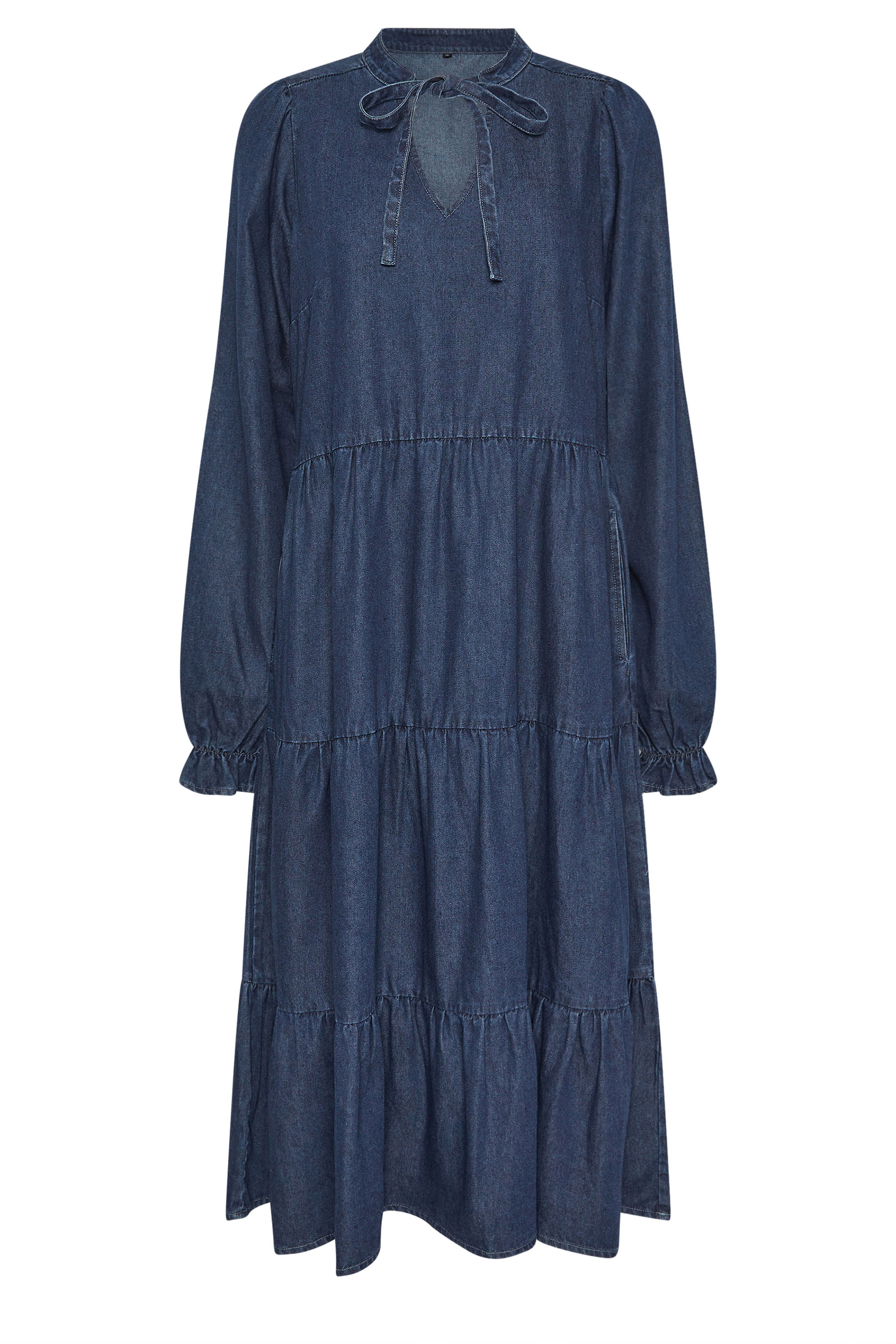 PixieGirl Petite Women's Dark Blue Tie Neck Tiered Cotton Dress | PixieGirl 6