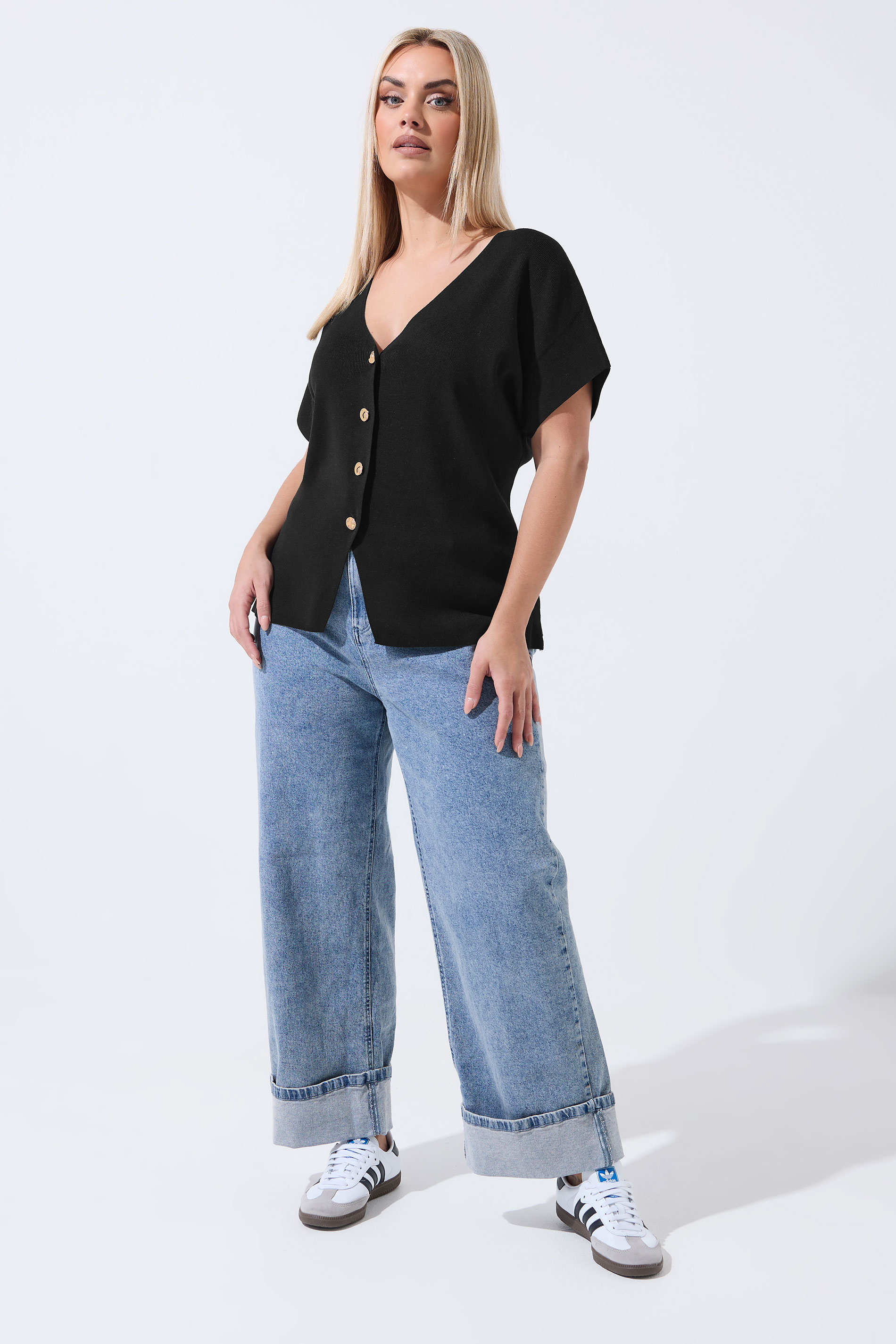 LIMITED COLLECTION Plus Size Black Short Sleeve Knitted Top | Yours Clothing 1