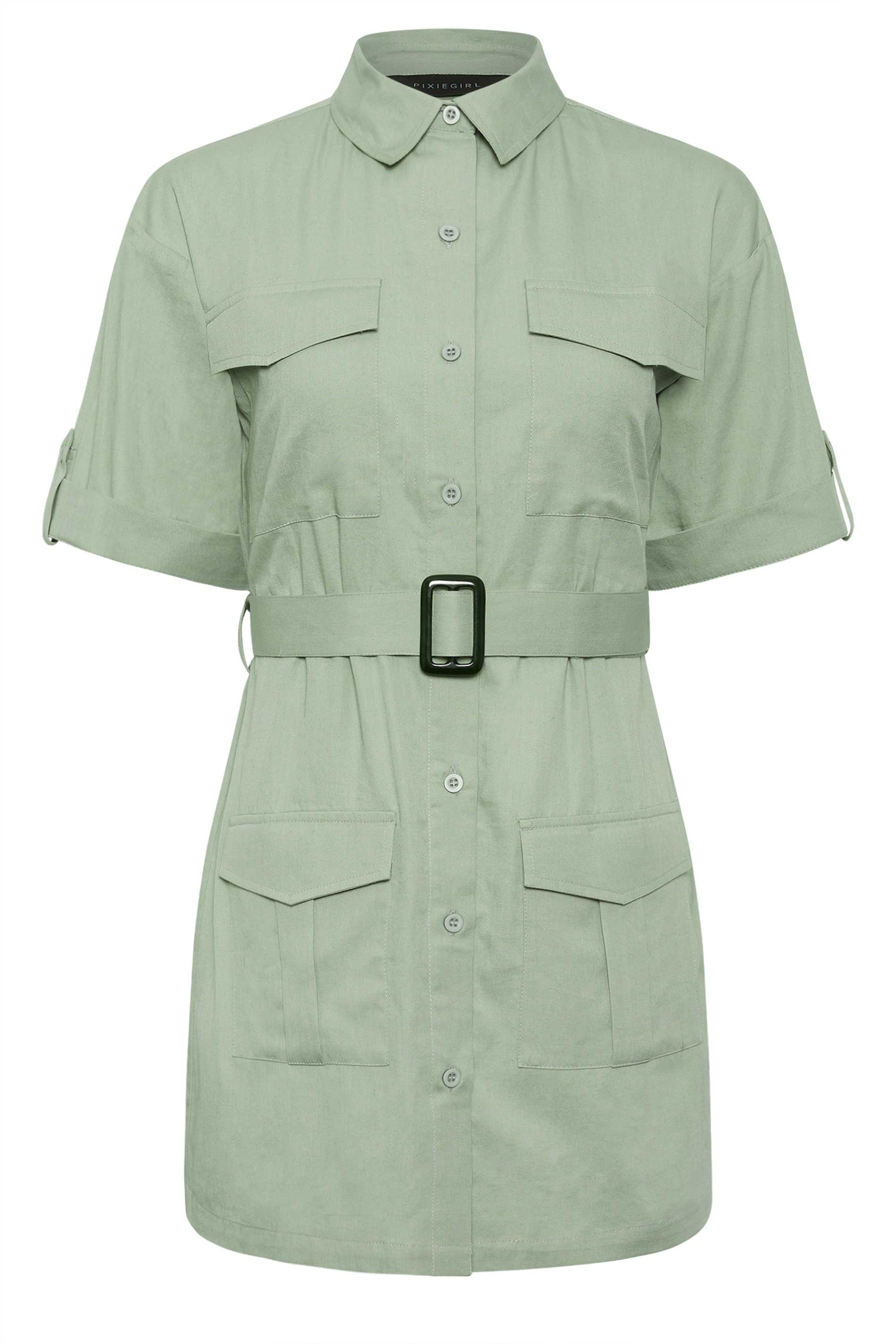 PixieGirl Petite Womens Khaki Green Cotton Utility Mini Dress | PixieGirl 6