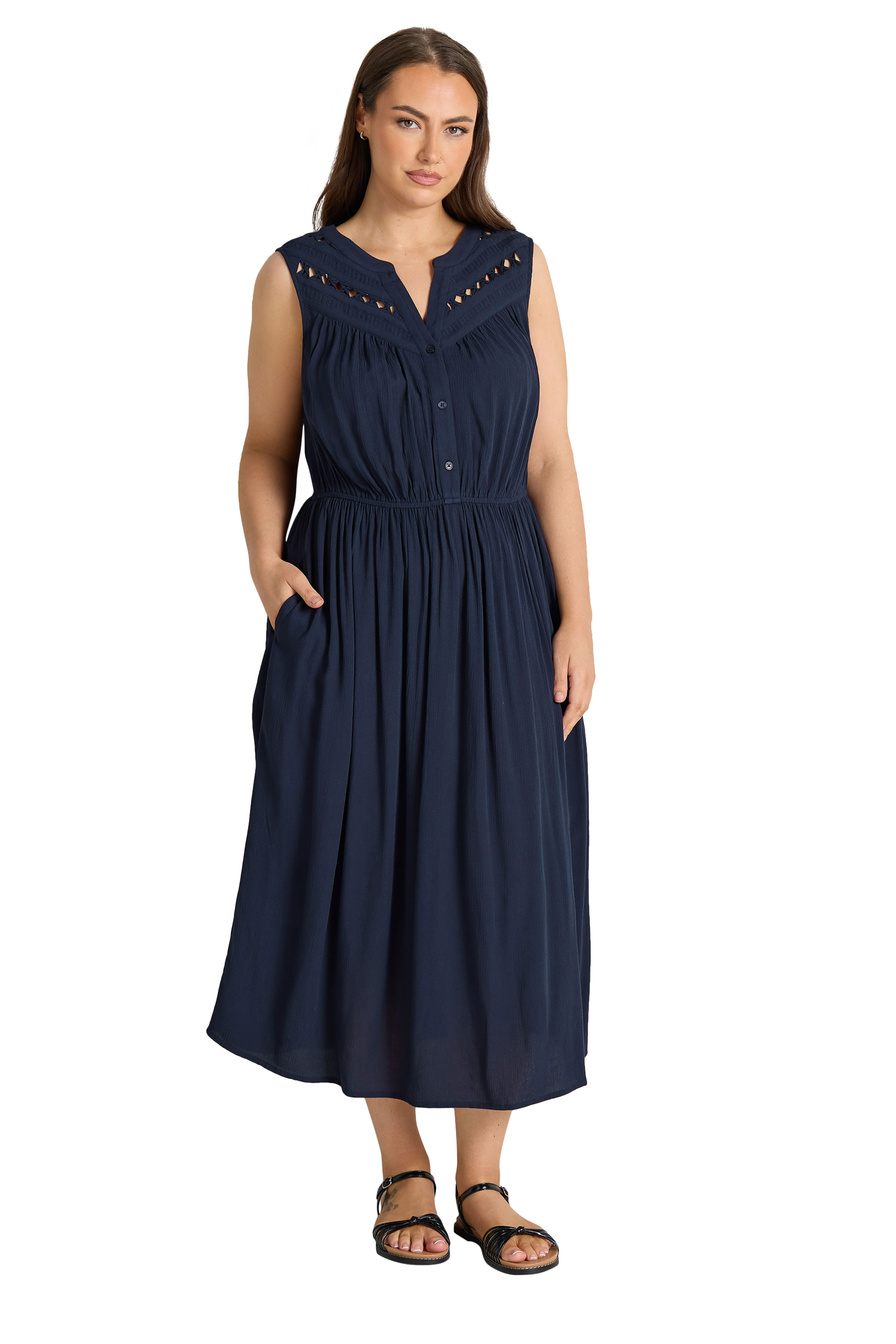 EVANS Plus Size Navy Blue Sleeveless Macrame Midi Dress | Evans 7