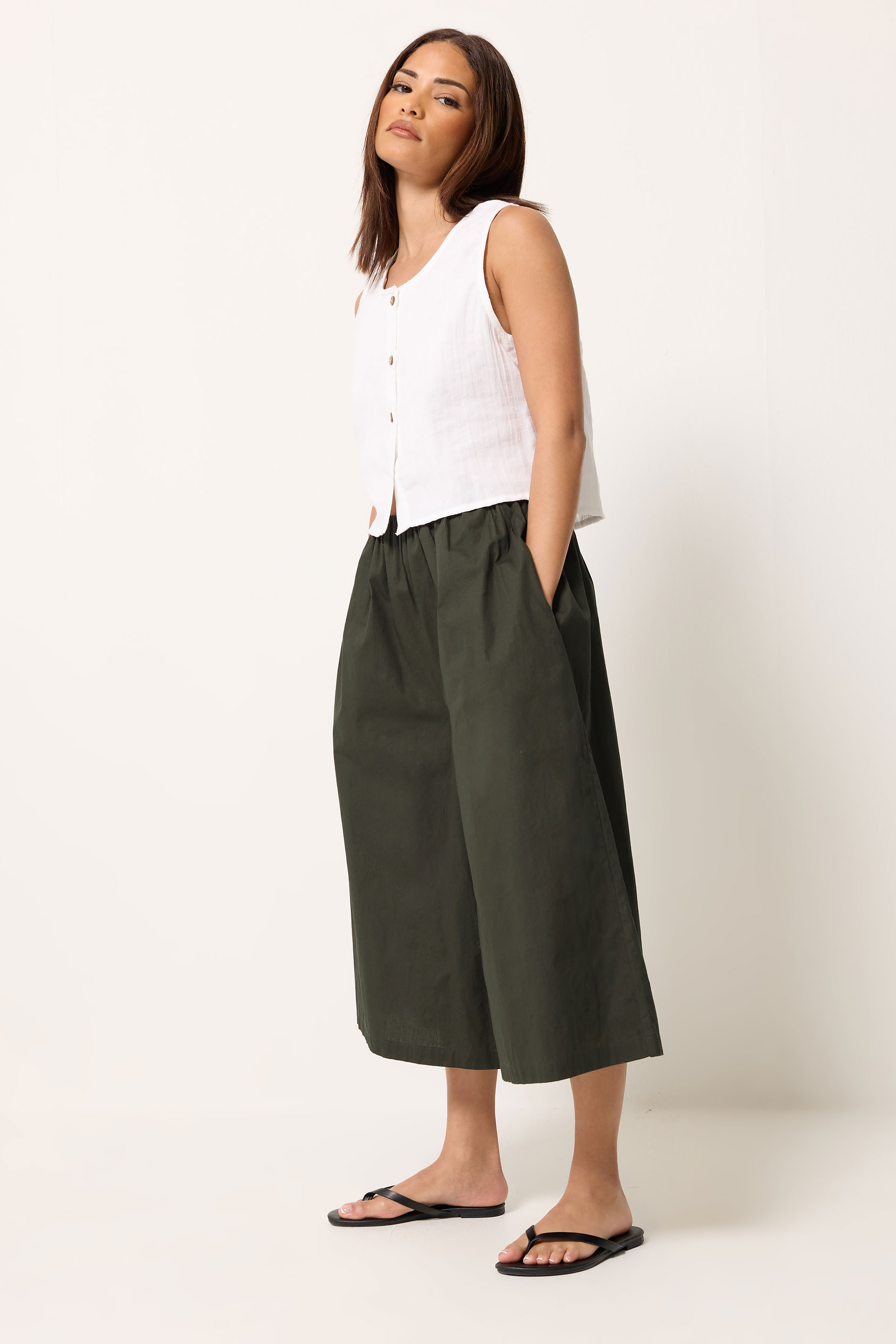 PixieGirl Petite Women's Khaki Green Cotton Poplin Culottes | PixieGirl 3