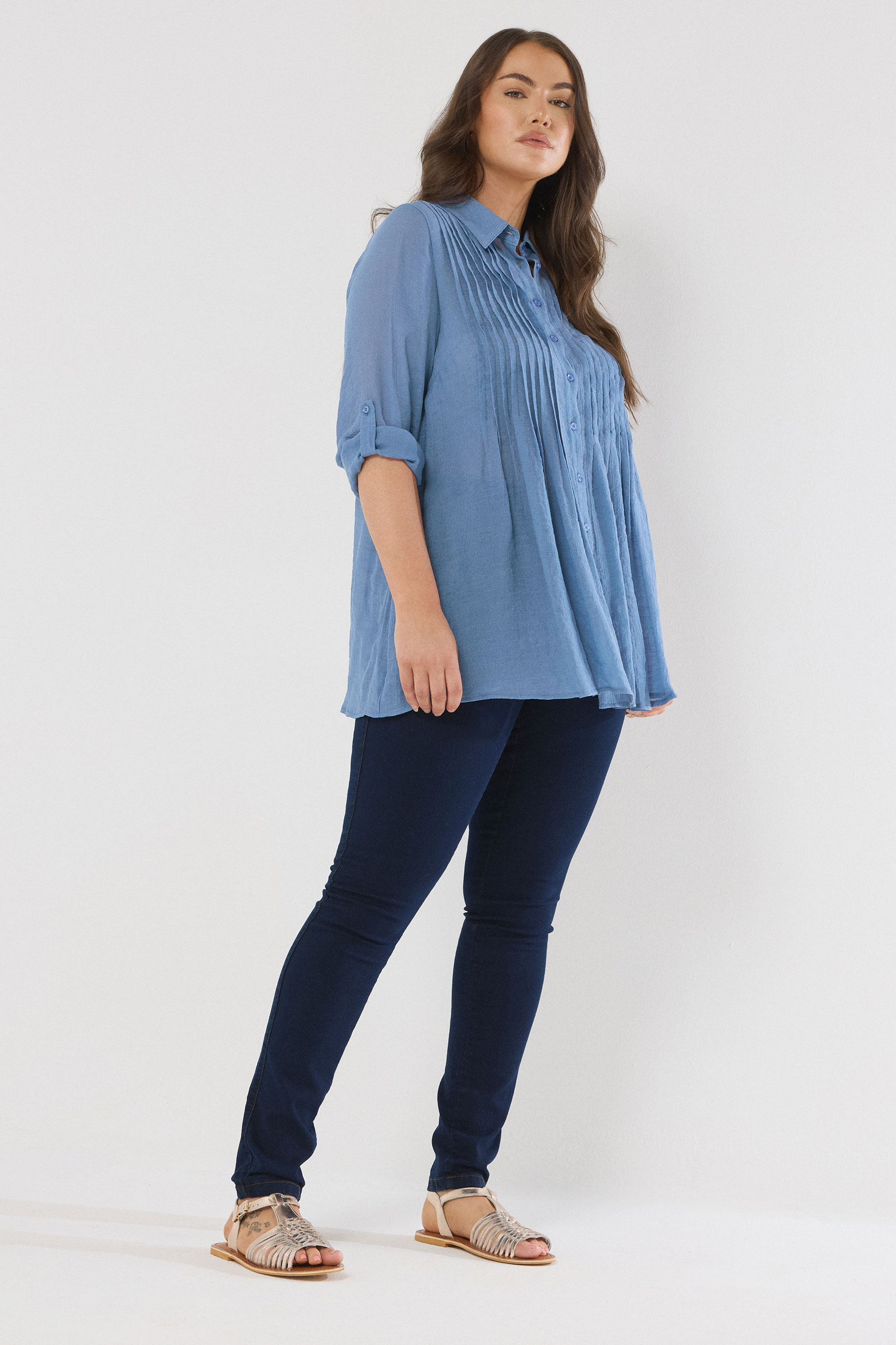 EVANS Plus Size Blue Pintuck Tab Sleeve Shirt | Evans 4