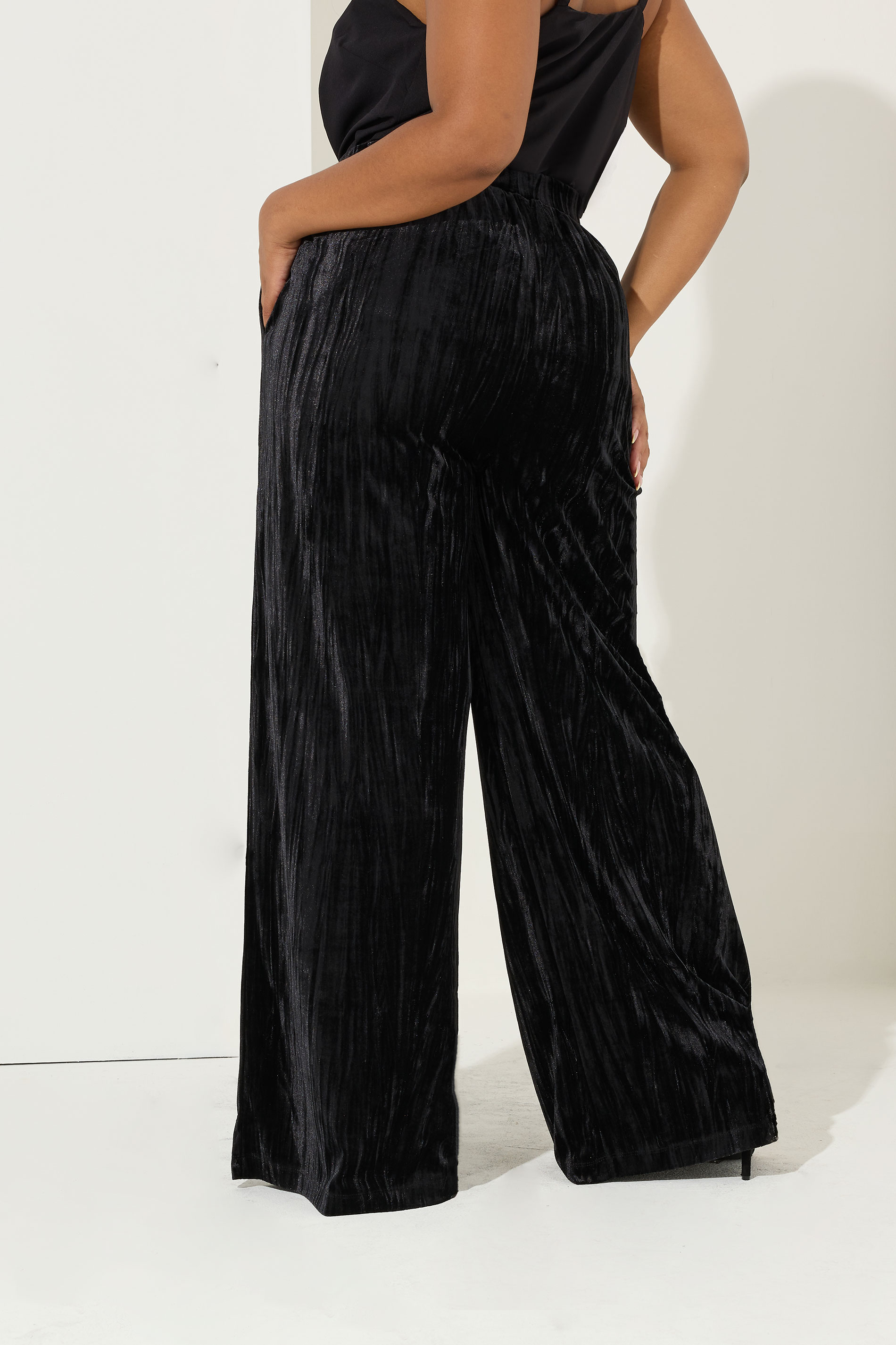YOURS Plus Size Black Crushed Velour Wide Leg Trousers | Yours Clothing 4