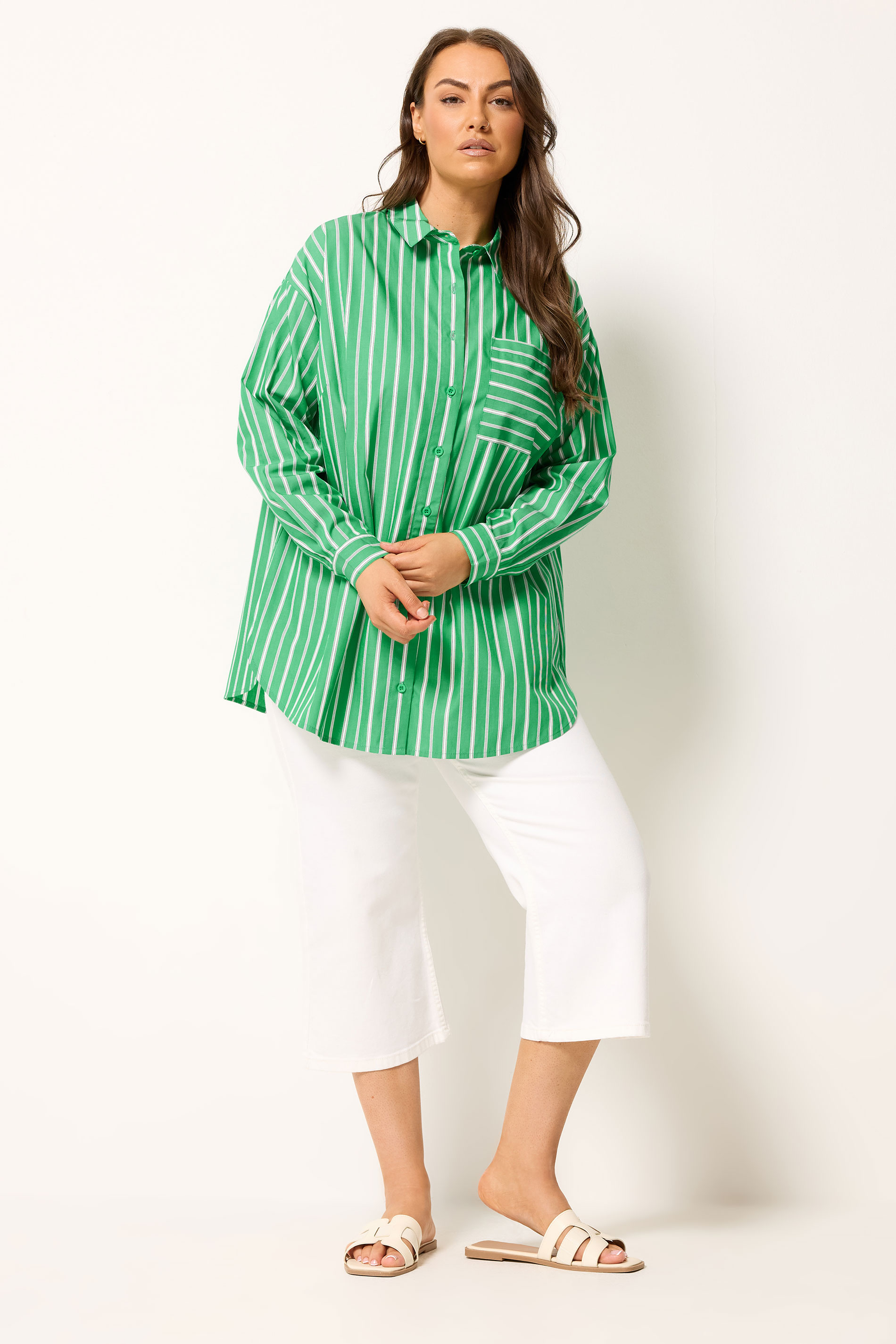 YOURS Plus Size Green & White Striped Shirt | Yours Clothing 1