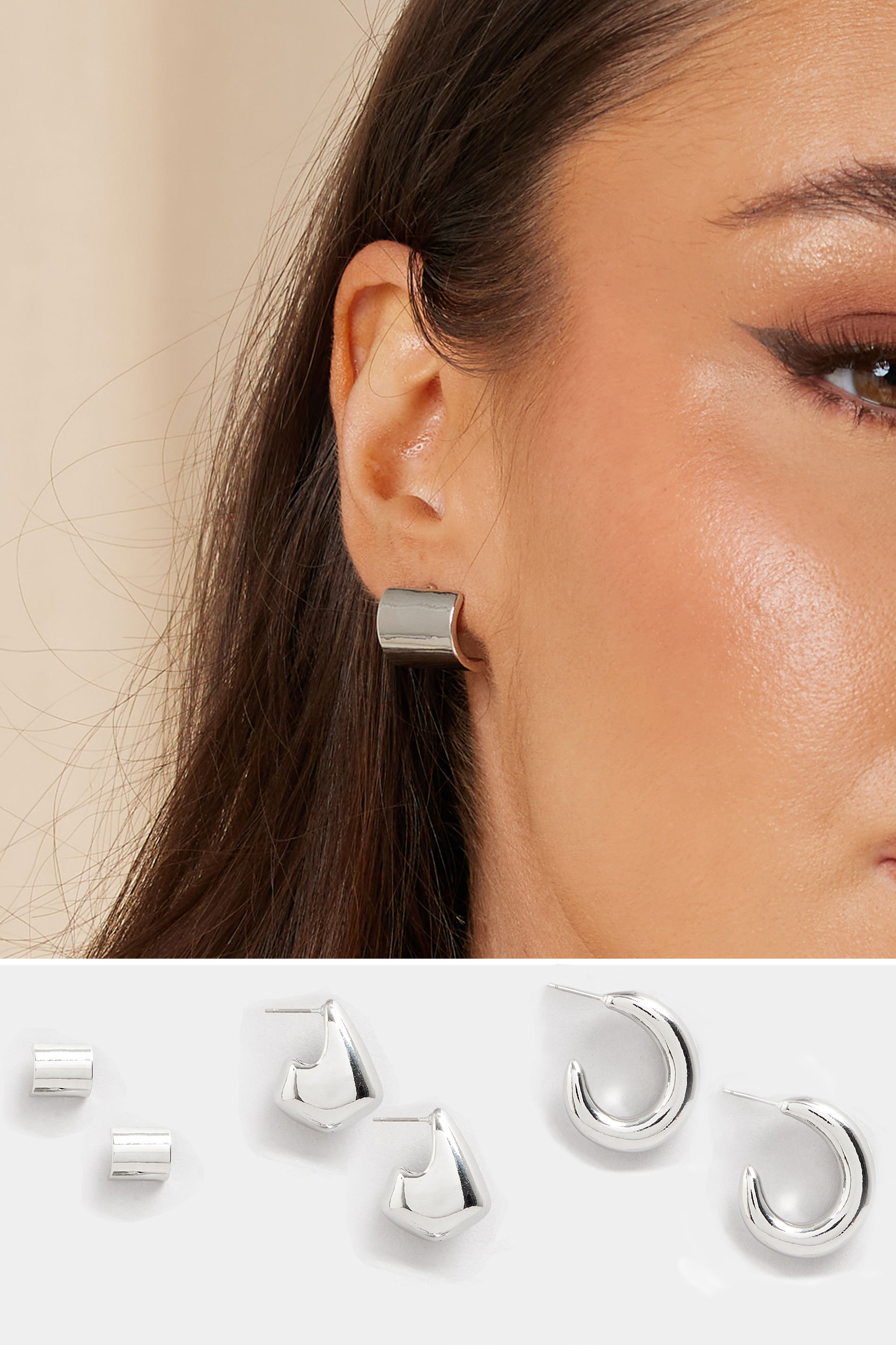 YOURSET 3 PACK Silver Tone Mixed Shape Earrings Set | Yours Clothing 1