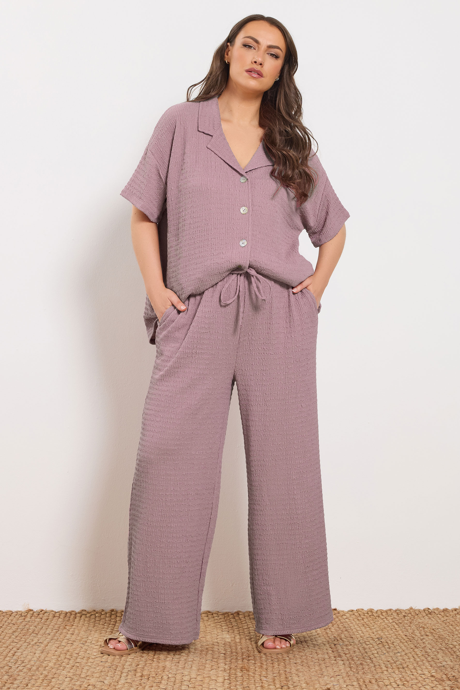 YOURS Plus Size Pink Textured Wide Leg Trousers | Yours Clothing 3
