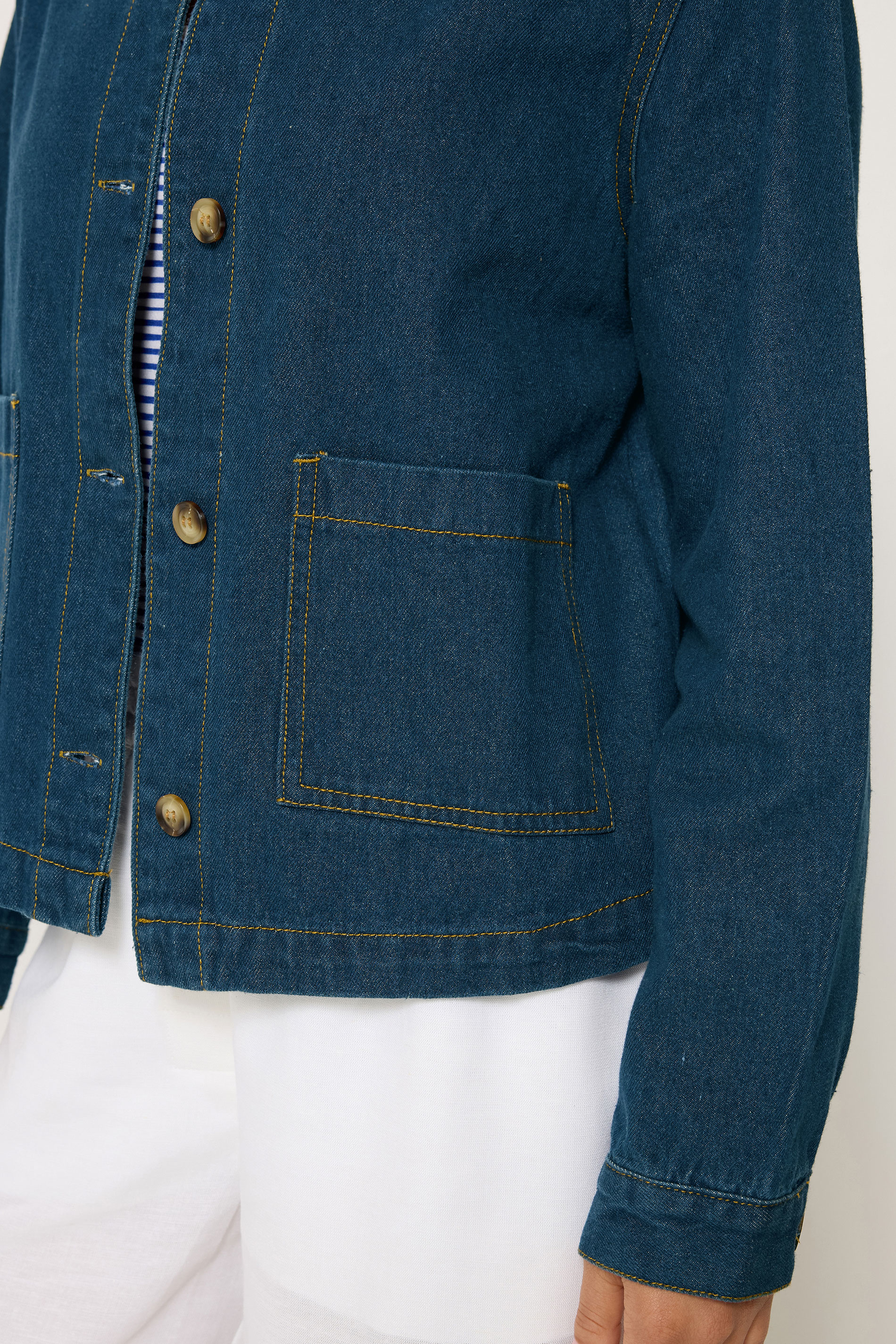 PixieGirl Petite Women's Indigo Blue Collarless Denim Jacket | PixieGirl 4