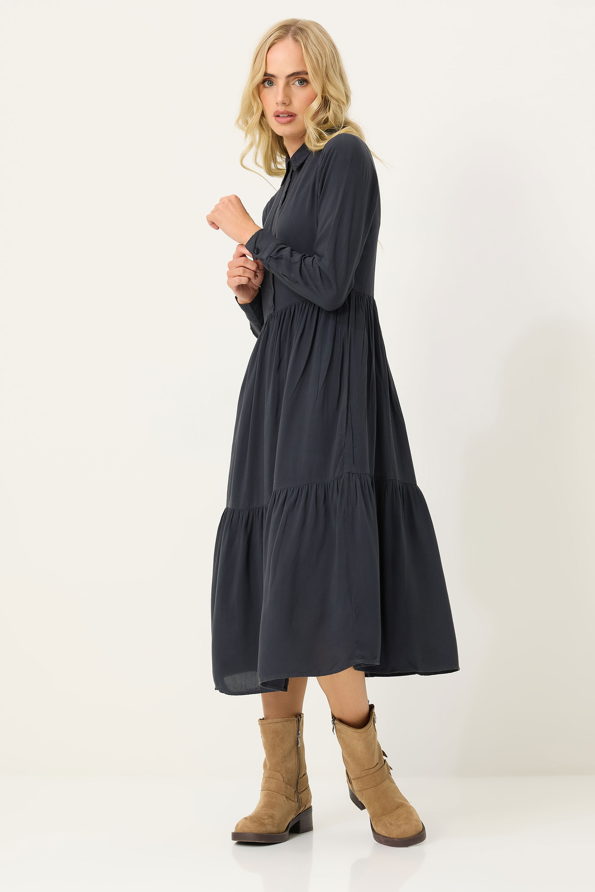 PixieGirl Petite Women Black Acid Wash Tiered Smock Dress | PixieGirl 1