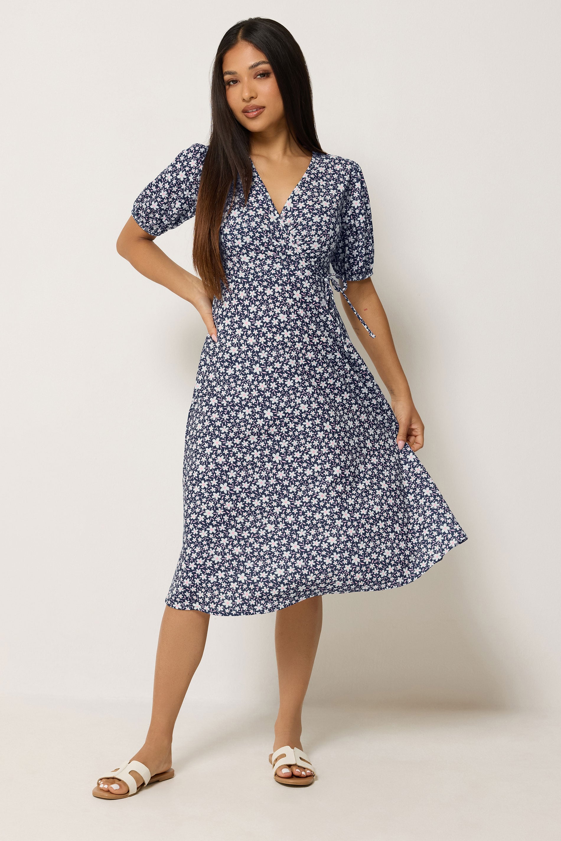 M&Co Petite Navy Blue Floral Print Midi Wrap Dress | M&Co 1