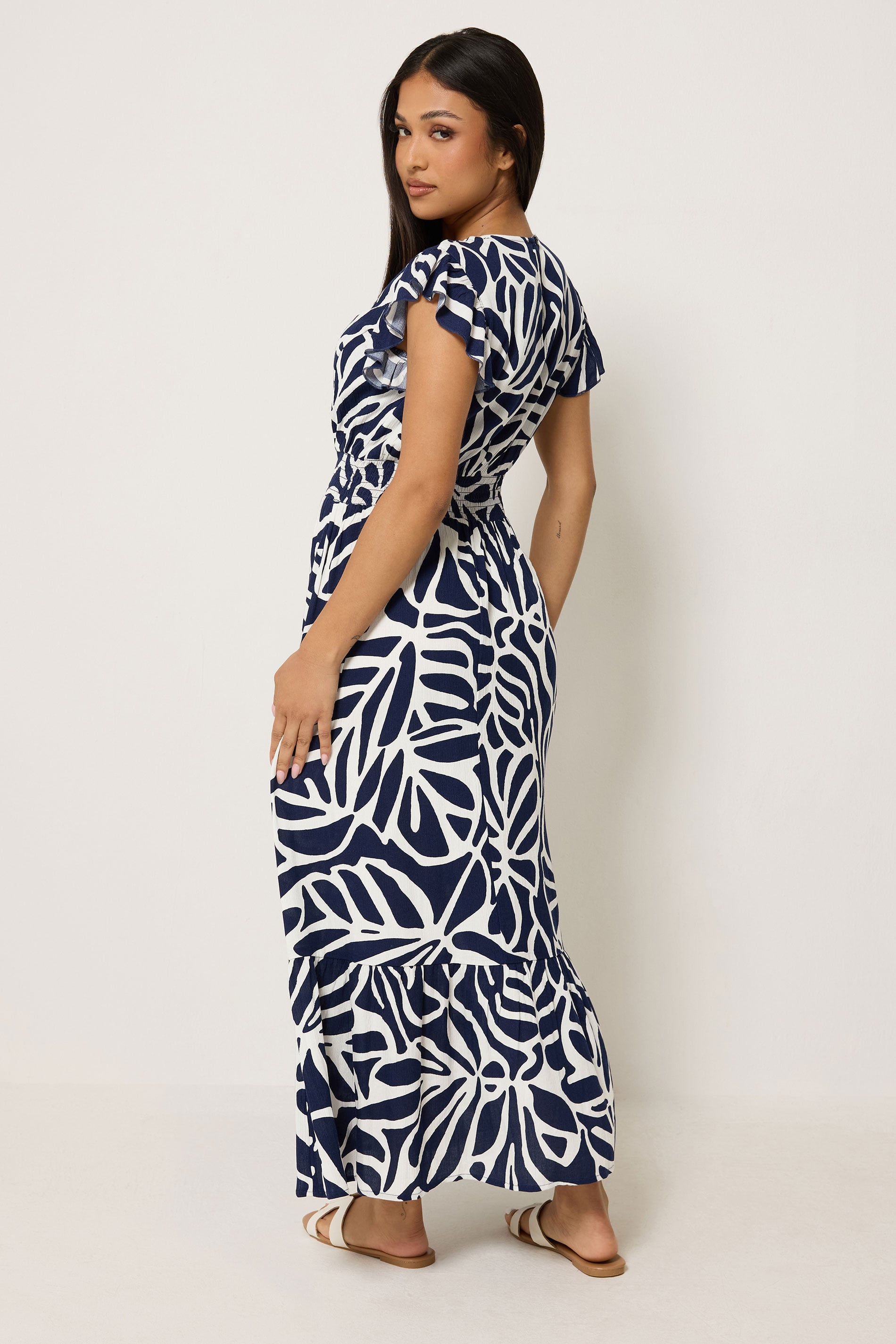 M&Co Petite Navy Blue Abstract Print V-Neck Dress | M&Co 2