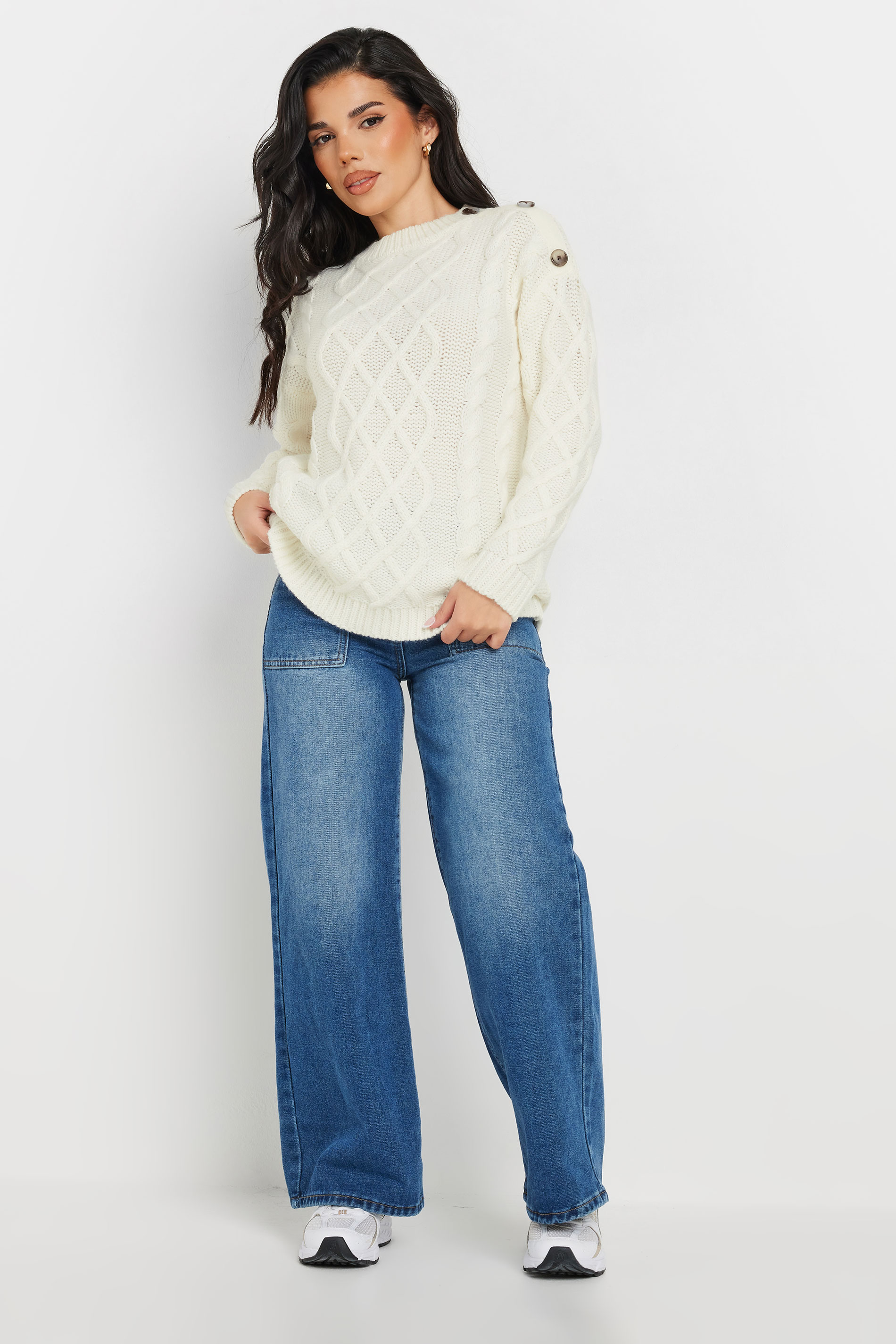 PixieGirl Petite Women's Ivory White Cable Knit Button Jumper | PixieGirl 1