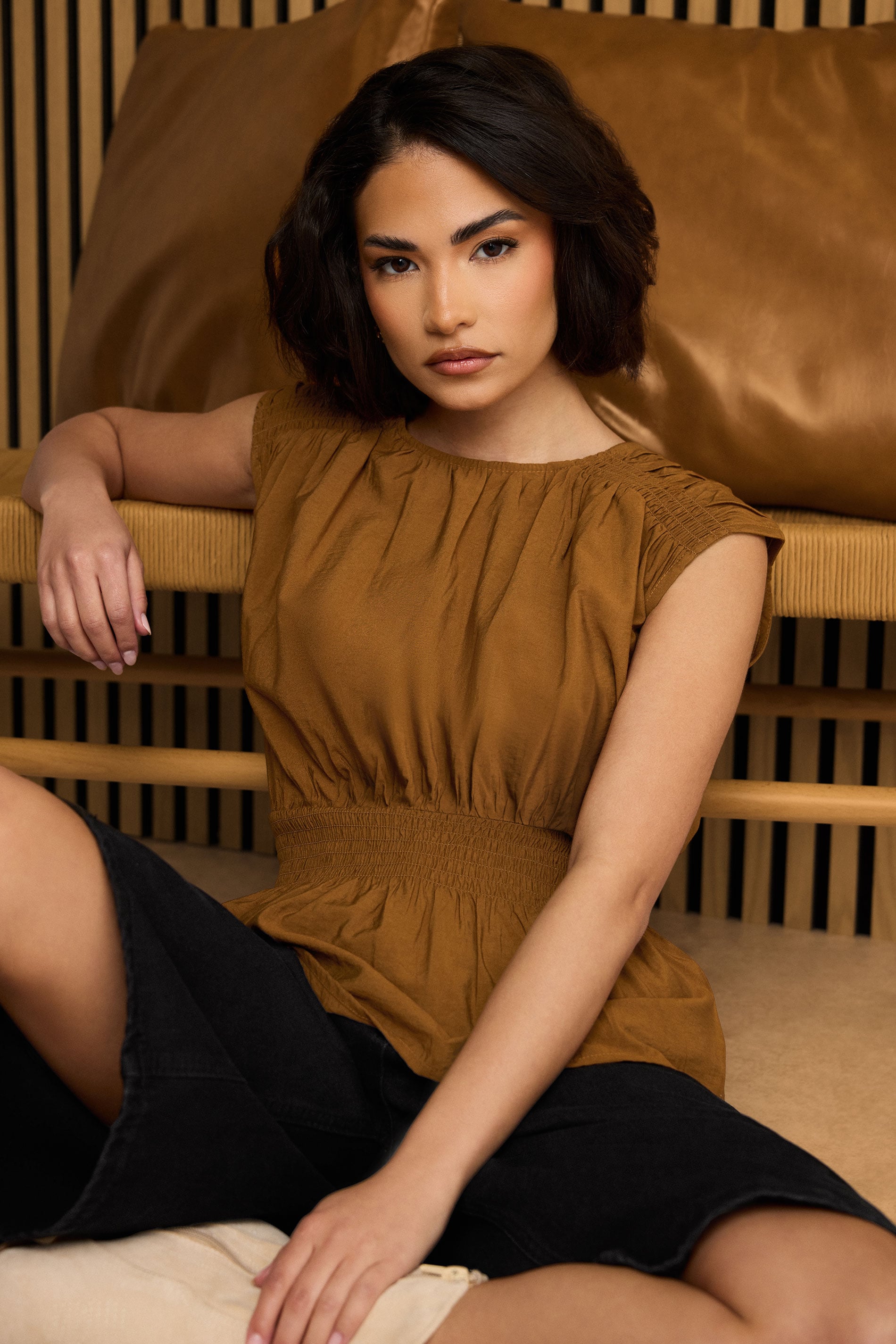PixieGirl Petite Women's Brown Woven Shirred Waist Top | PixieGirl 1