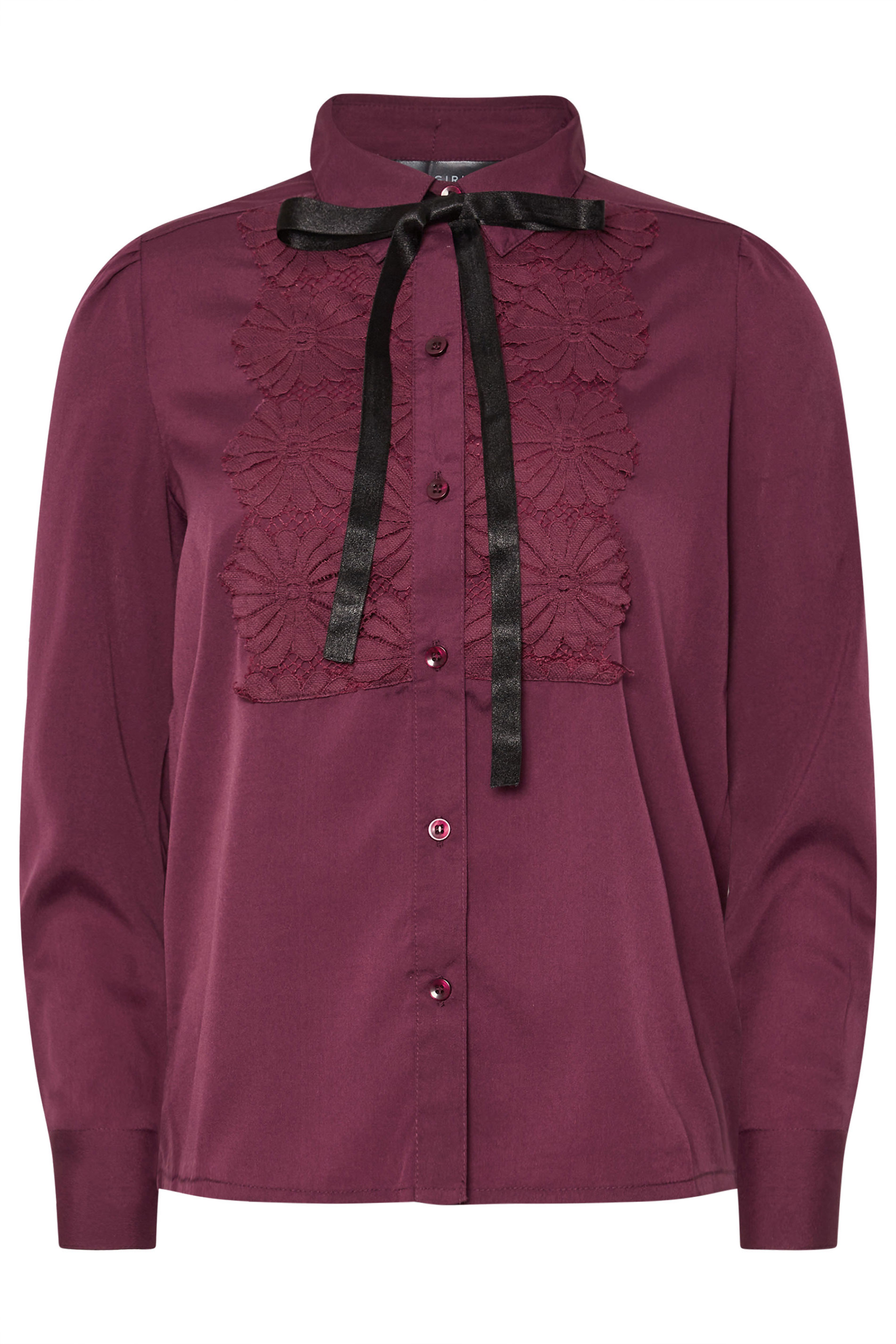 PixieGirl Petite Women's Burgundy Red Lace Trim Tie Neck Shirt | PixieGirl 6