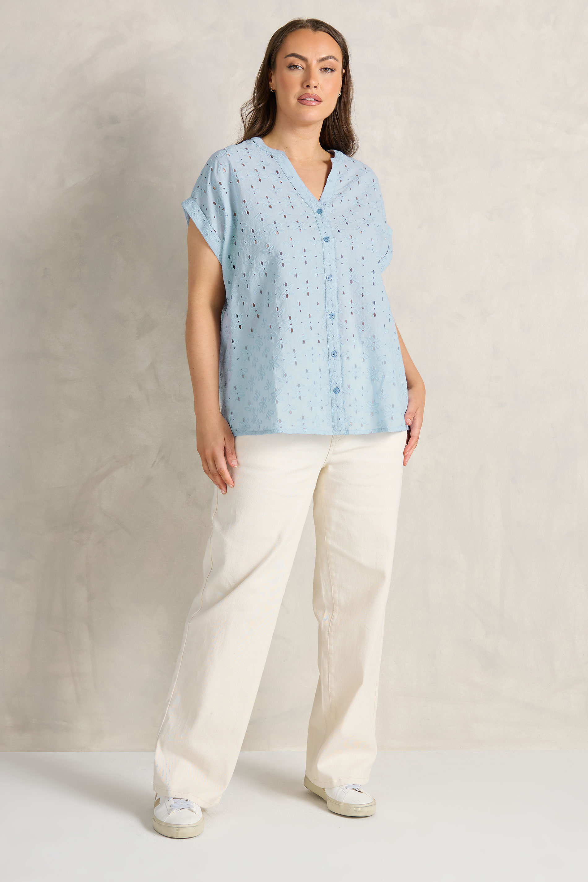 EVANS Plus Size Blue Broderie Short Sleeve Shirt | Evans 2