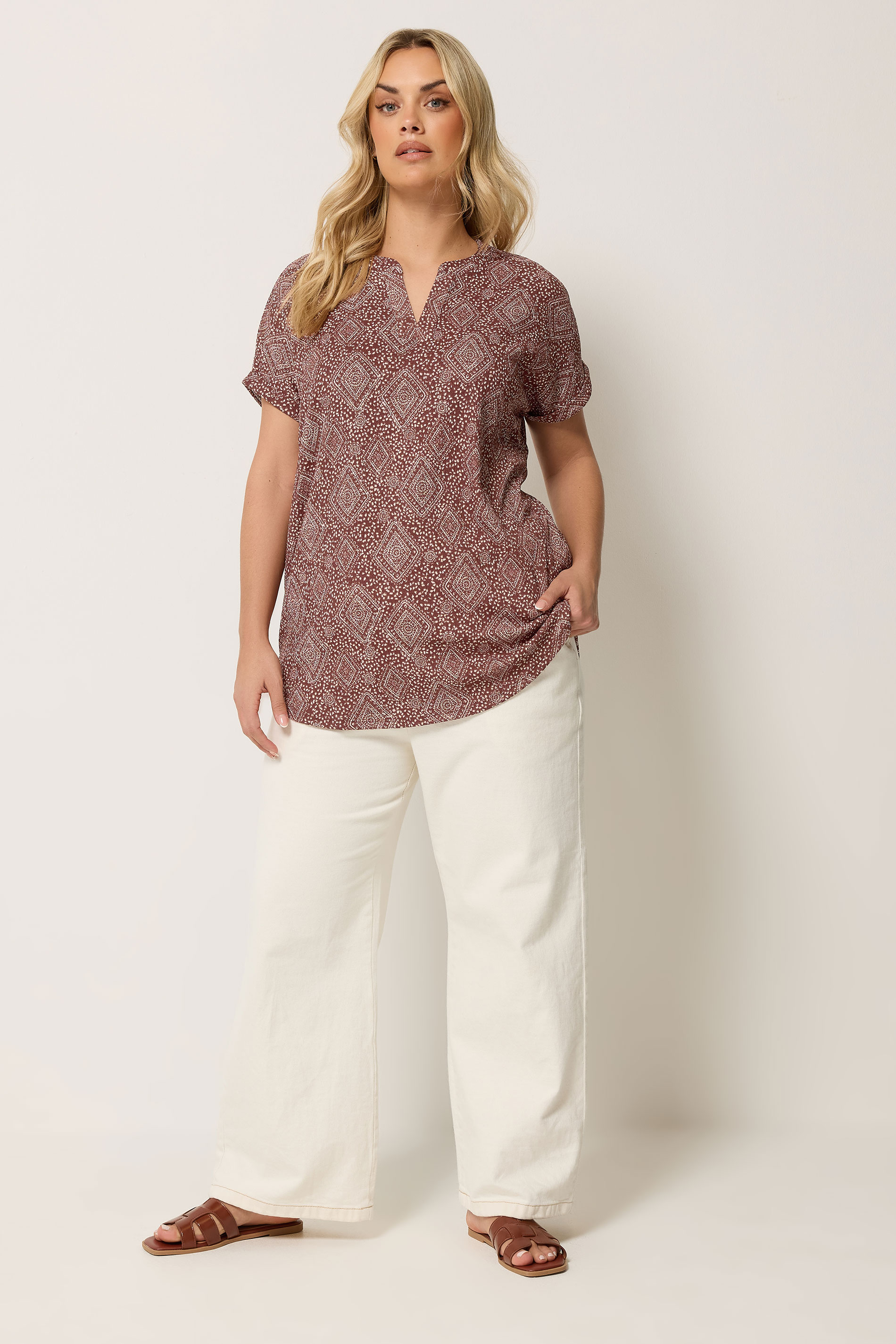 YOURS Plus Size Burnt Orange Diamond Print Notch Neck Top | Yours Clothing 1