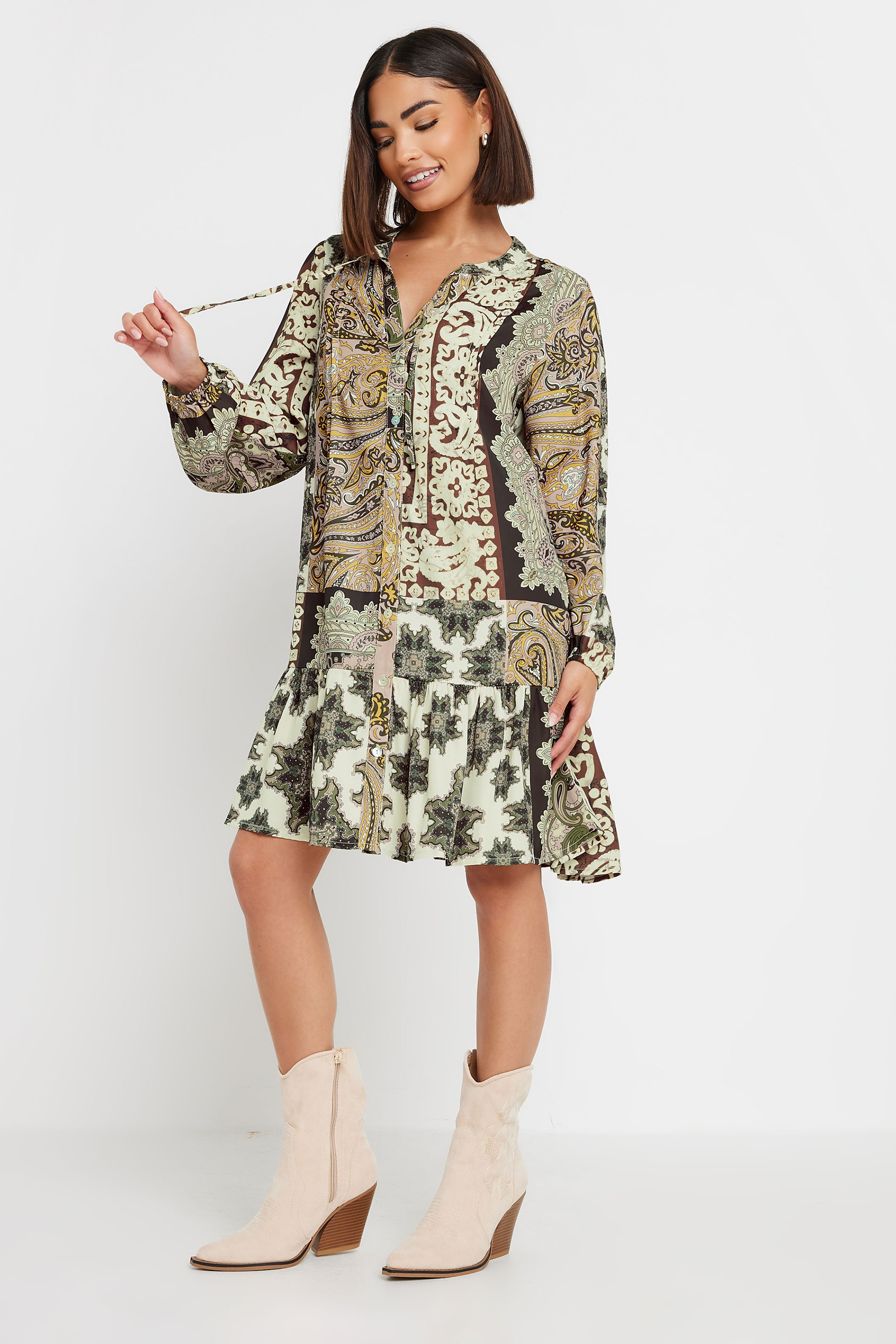 PixieGirl Petite Women's Beige Brown Patchwork Print Tiered Midi Dress | PixieGirl 2