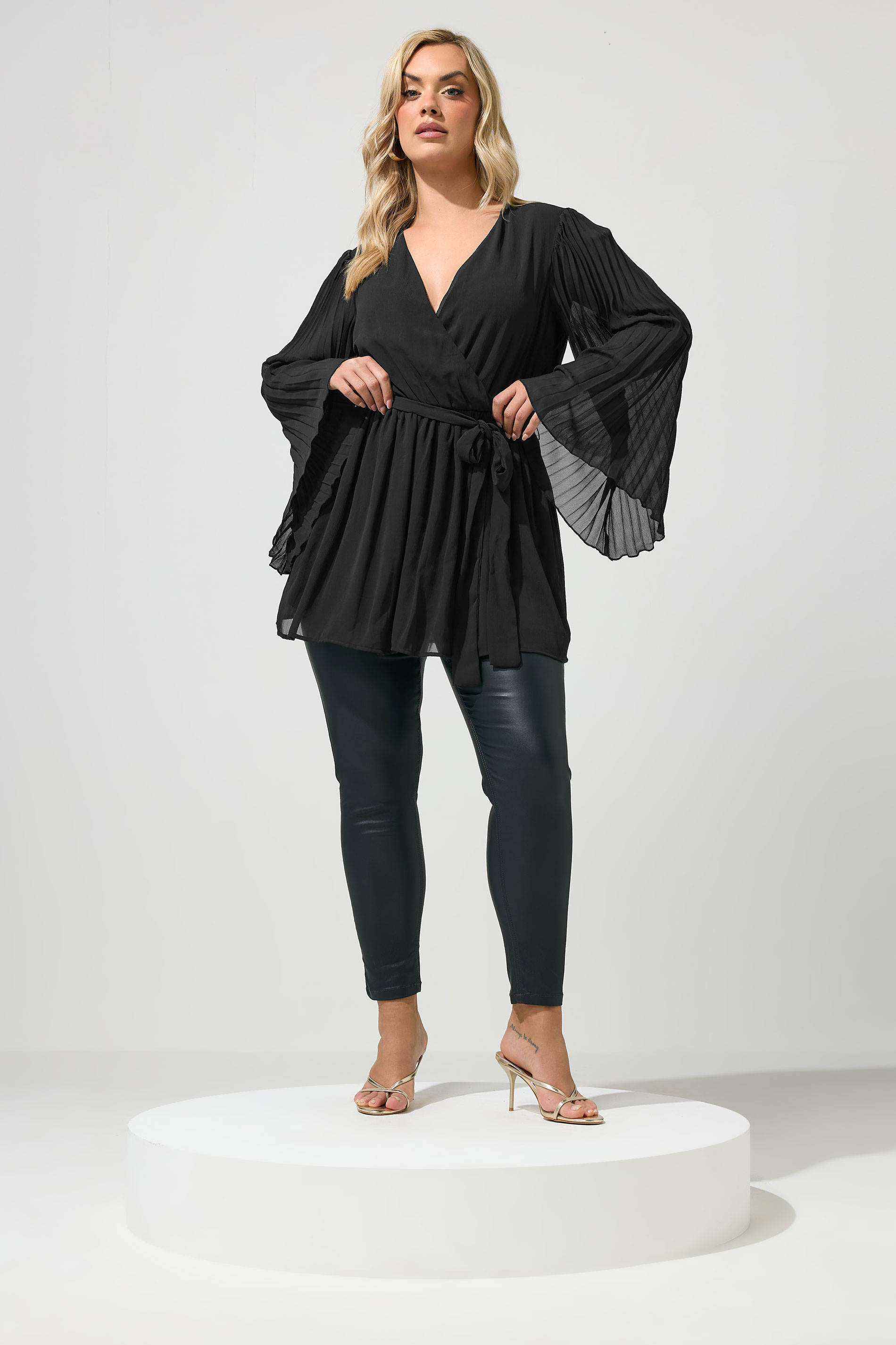 YOURS LONDON Plus Size Black Pleat Sleeve Wrap Top | Yours Clothing 1