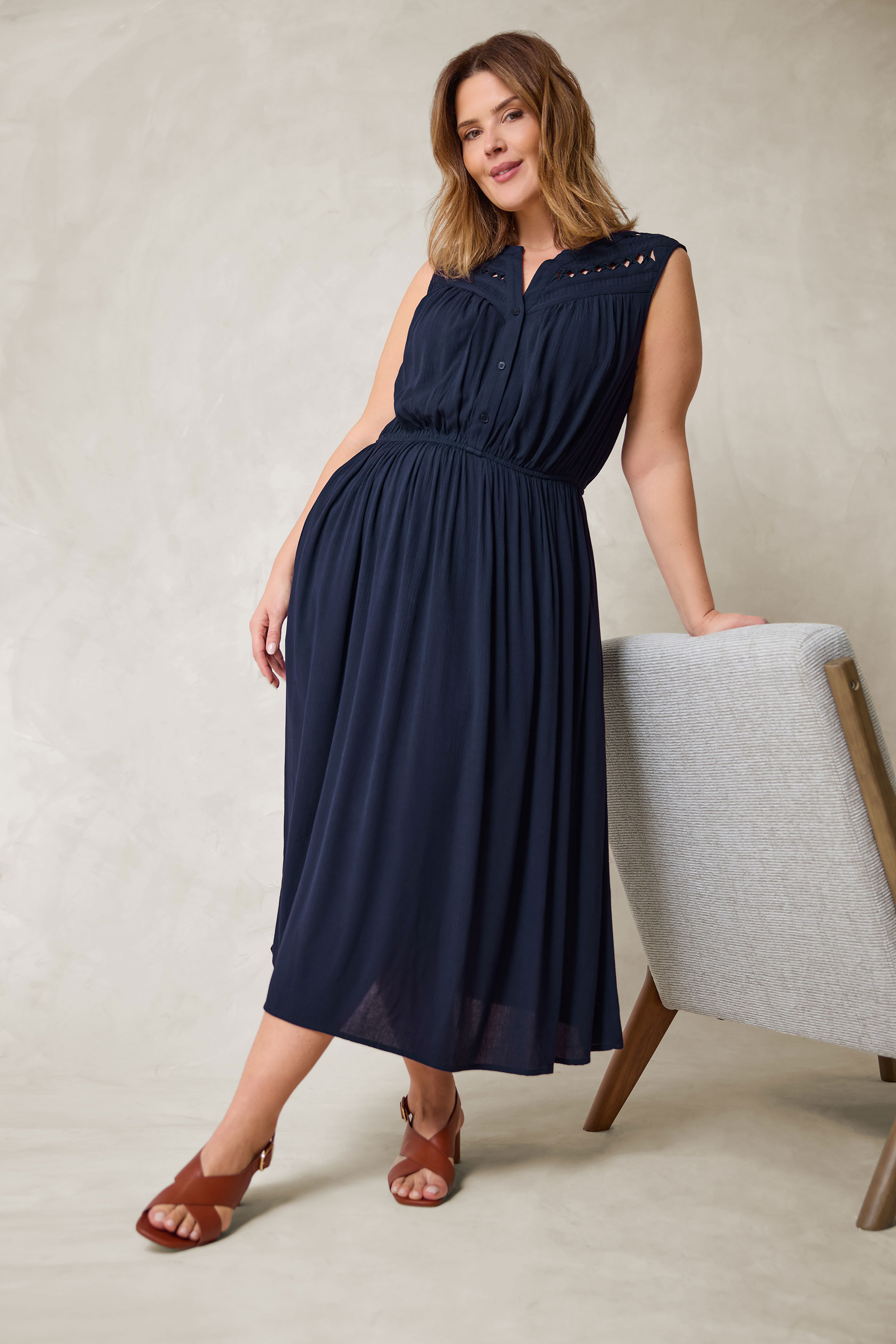 EVANS Plus Size Navy Blue Sleeveless Macrame Midi Dress | Evans 3