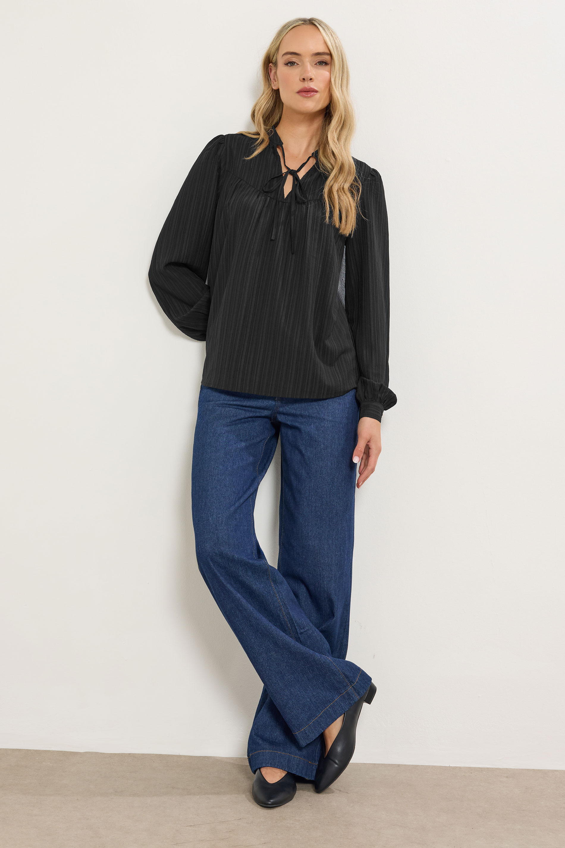 LTS Tall Black Textured Tie Neck Blouse | Long Tall Sally 3