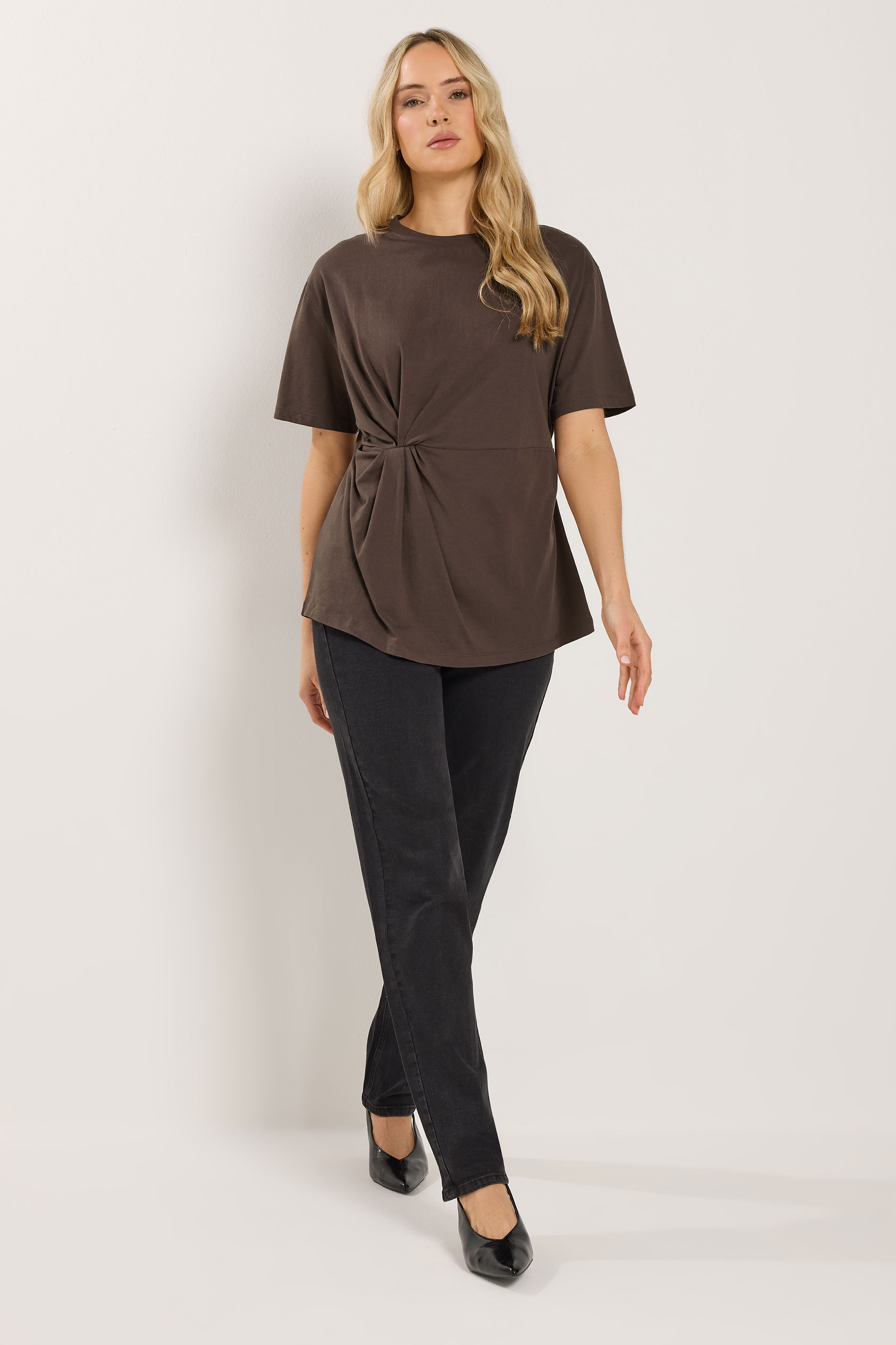 LTS Tall Women's Chocolate Brown Twist Front Cotton T-Shirt | Long Tall Sally 1