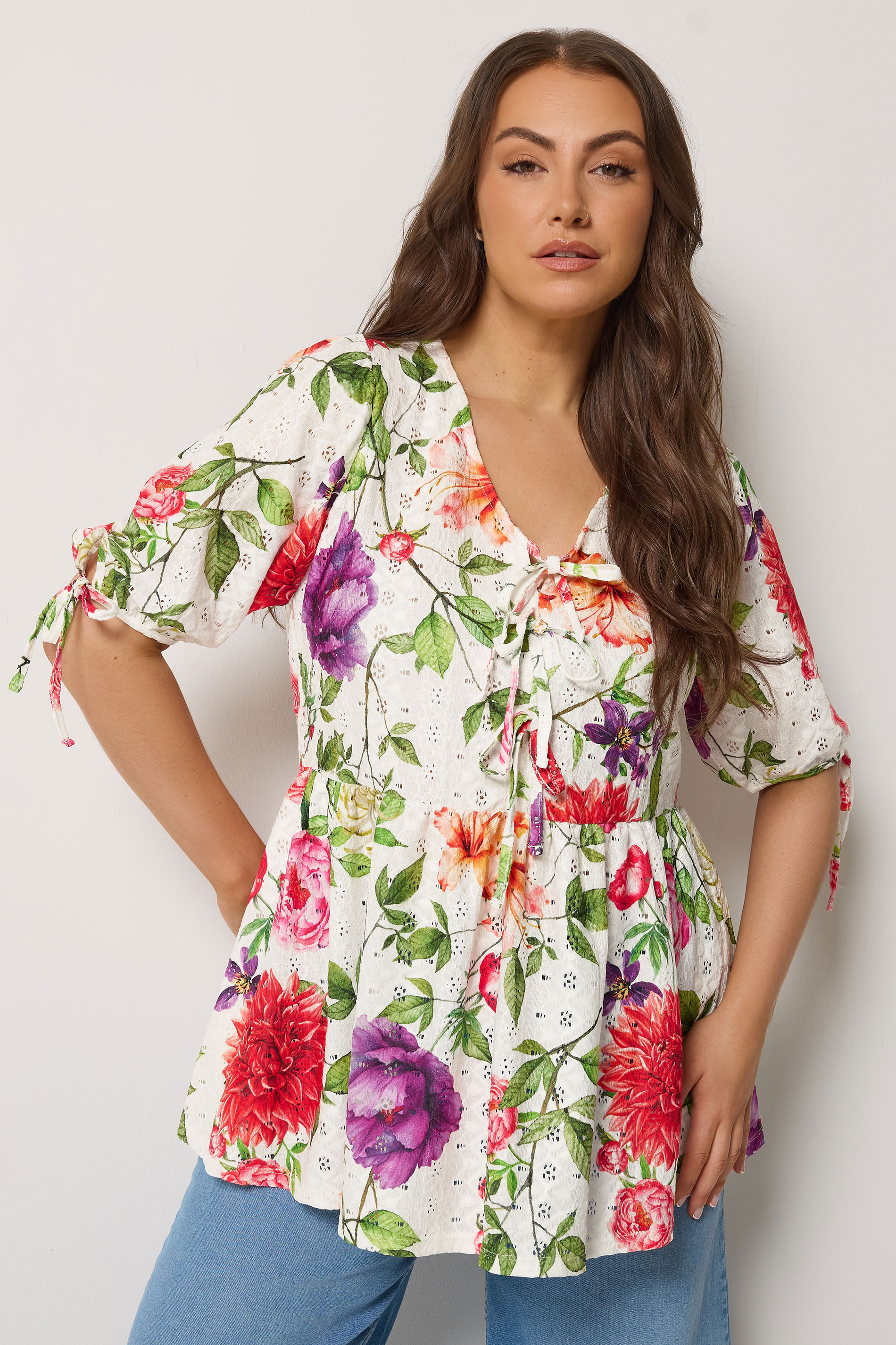 YOURS Plus Size White Floral Broderie Anglaise Bow Tie Front Top | Yours Clothing 3