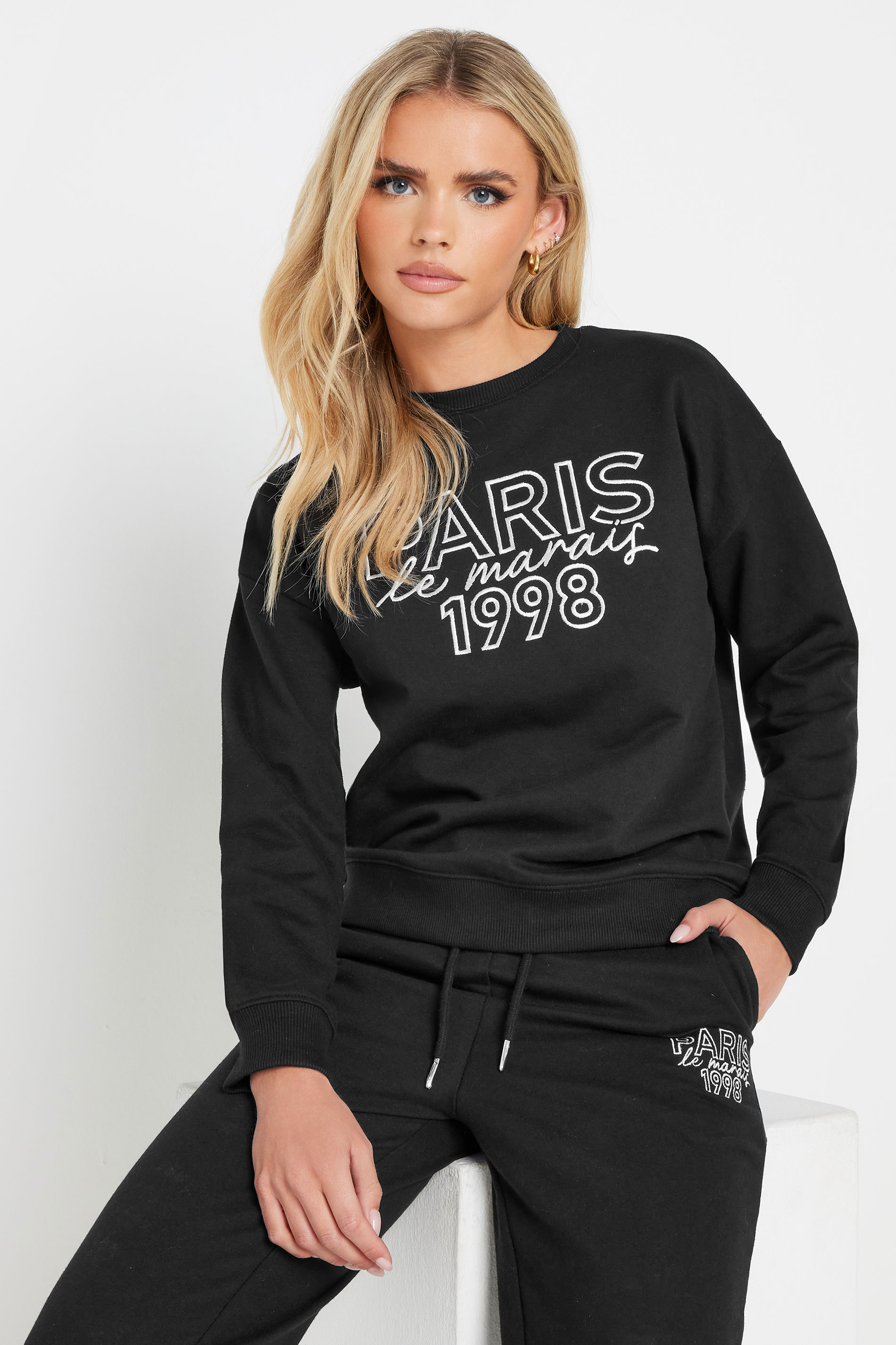 PixieGirl Petite Women's Black Jersey 'Paris' Slogan Sweatshirt | PixieGirl 2