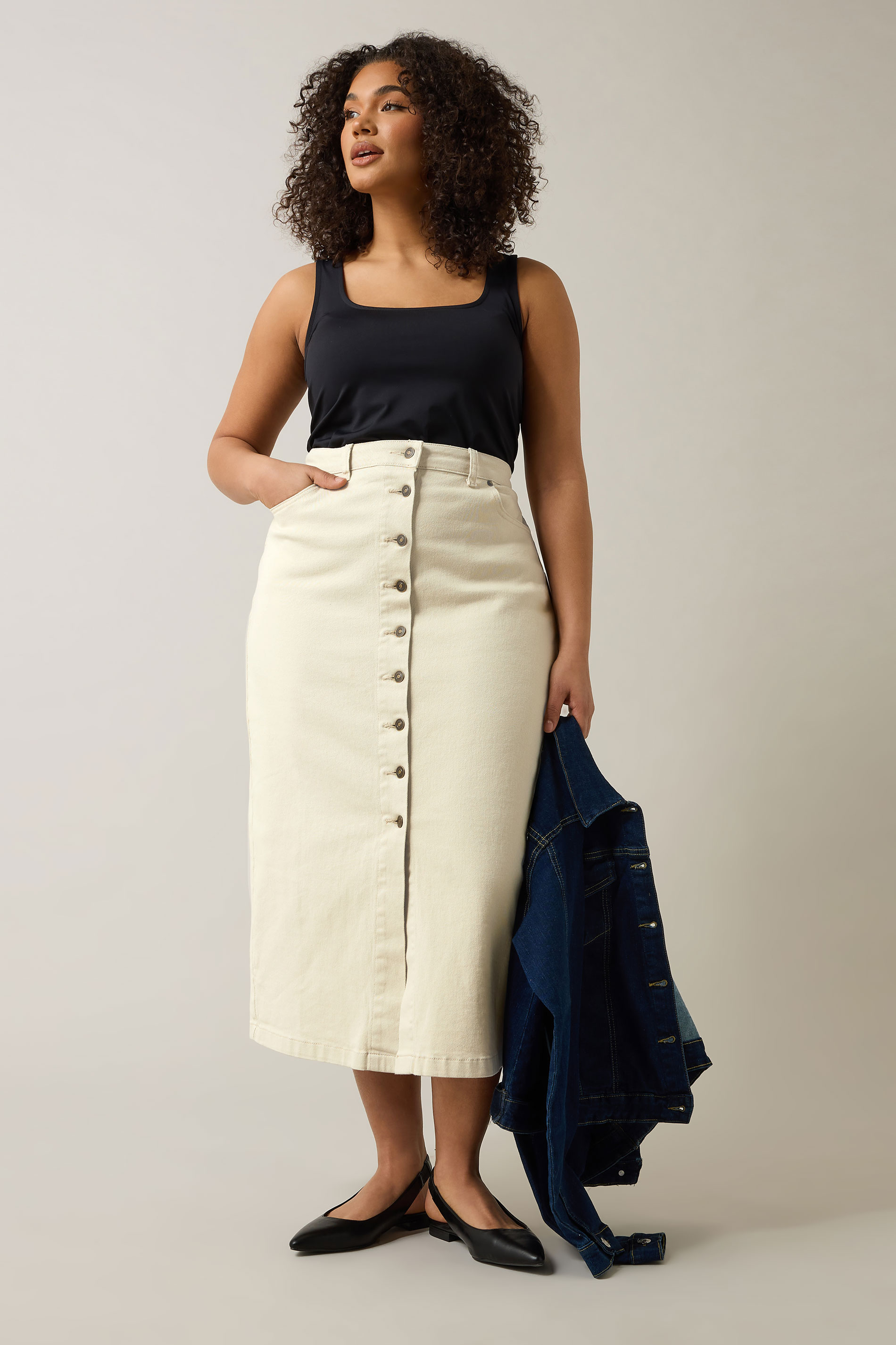 EVANS Plus Size Cream Button Through Denim Maxi Skirt | Evans 2