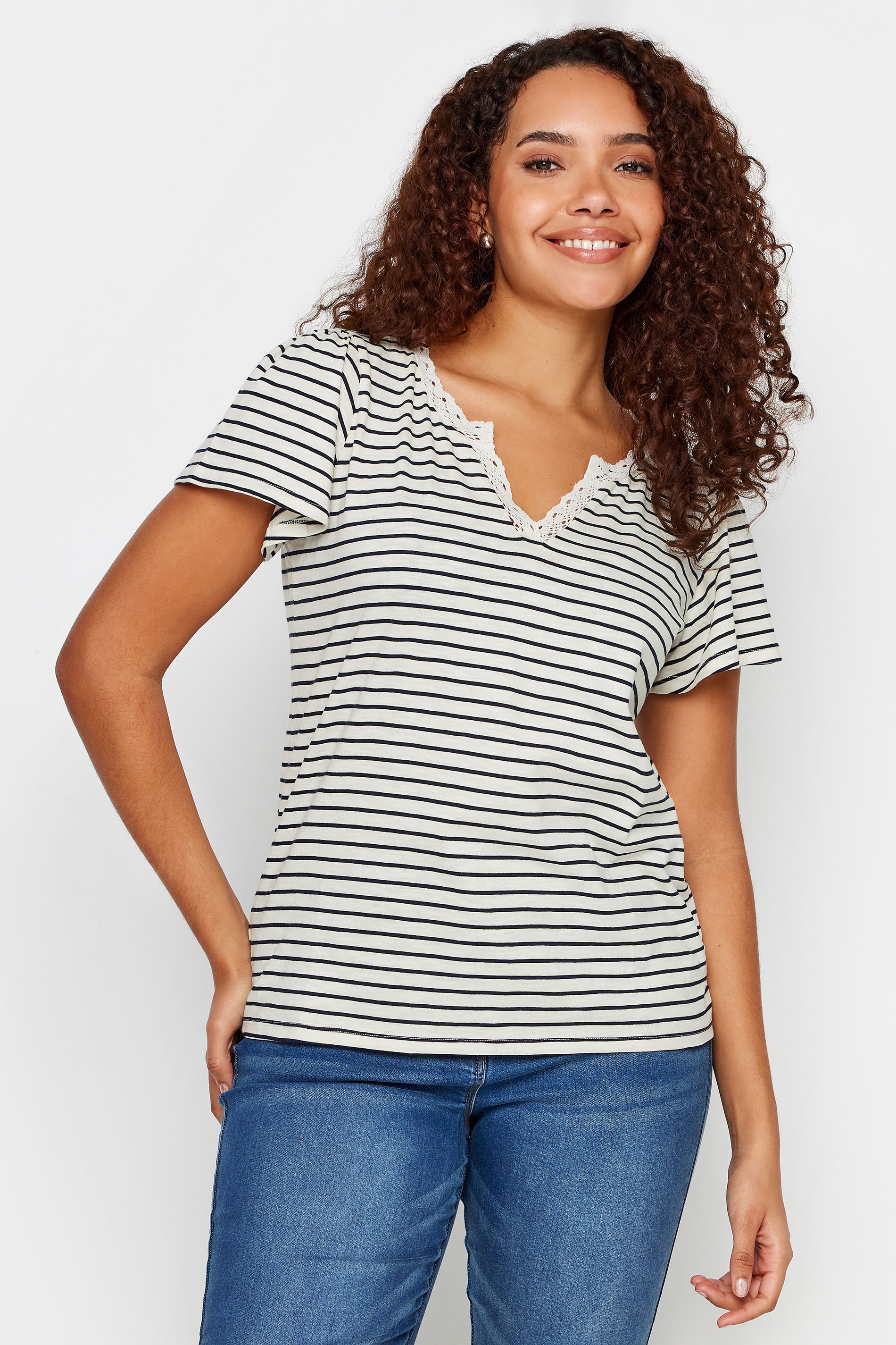 M&Co Black & White Striped Lace Trim T-Shirt | M&Co 1