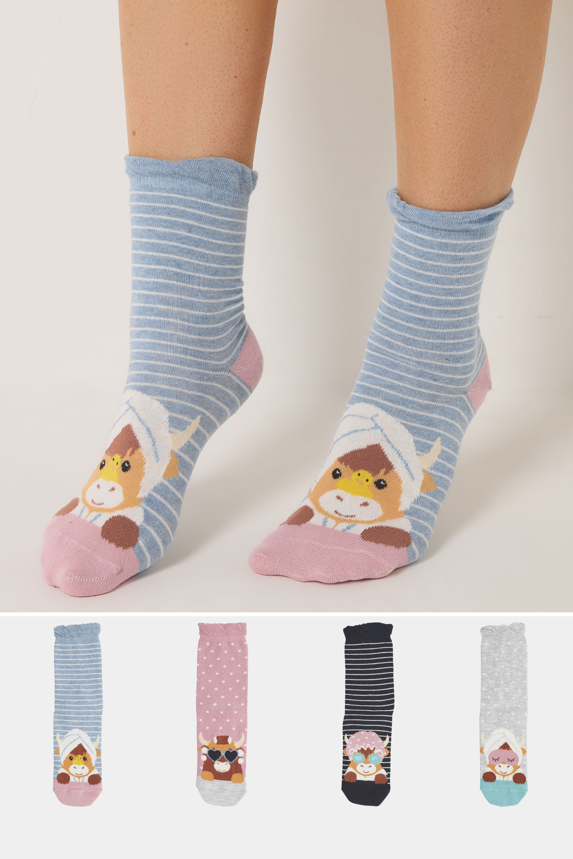 YOURSET 4 PACK Plus Size Blue & Pink Spa Cow Ankle Socks | Yours Clothing 1