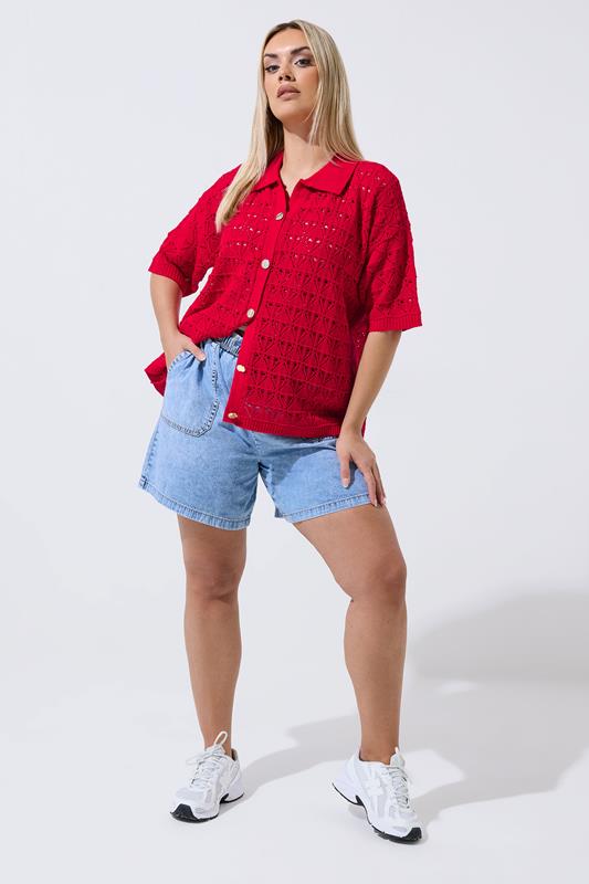 LIMITED COLLECTION Plus Size Red Crochet Shirt | Yours Clothing 1