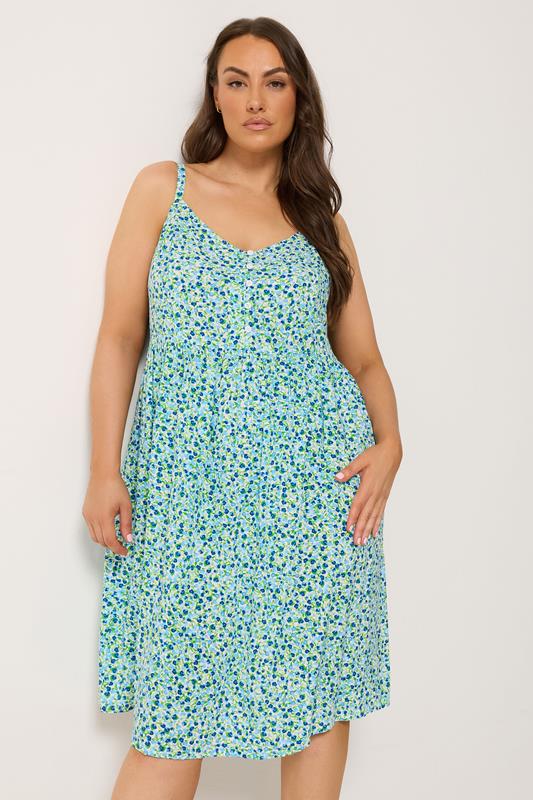 YOURS Plus Size Blue Ditsy Floral Strappy Midi Sundress | Yours Clothing 1
