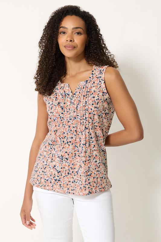 M&Co Orange Ditsy Floral Sleeveless Cotton Henley Top