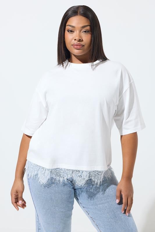 LIMITED COLLECTION Plus Size White Oversized Lace Hem T-Shirt | Yours Clothing 1